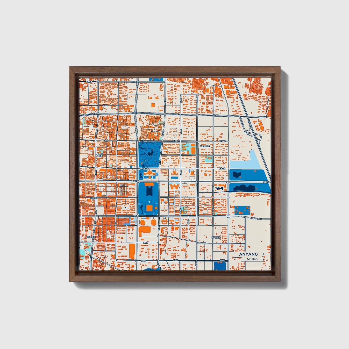 Anyang China Colorful City Map Canvas Print • Dark Wooden Framed