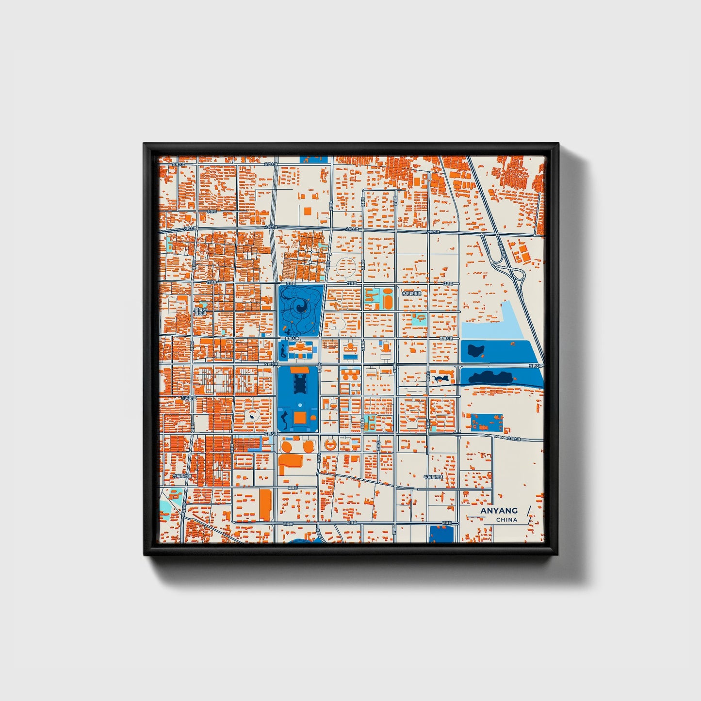 Anyang China Colorful City Map Canvas Print • Black Framed