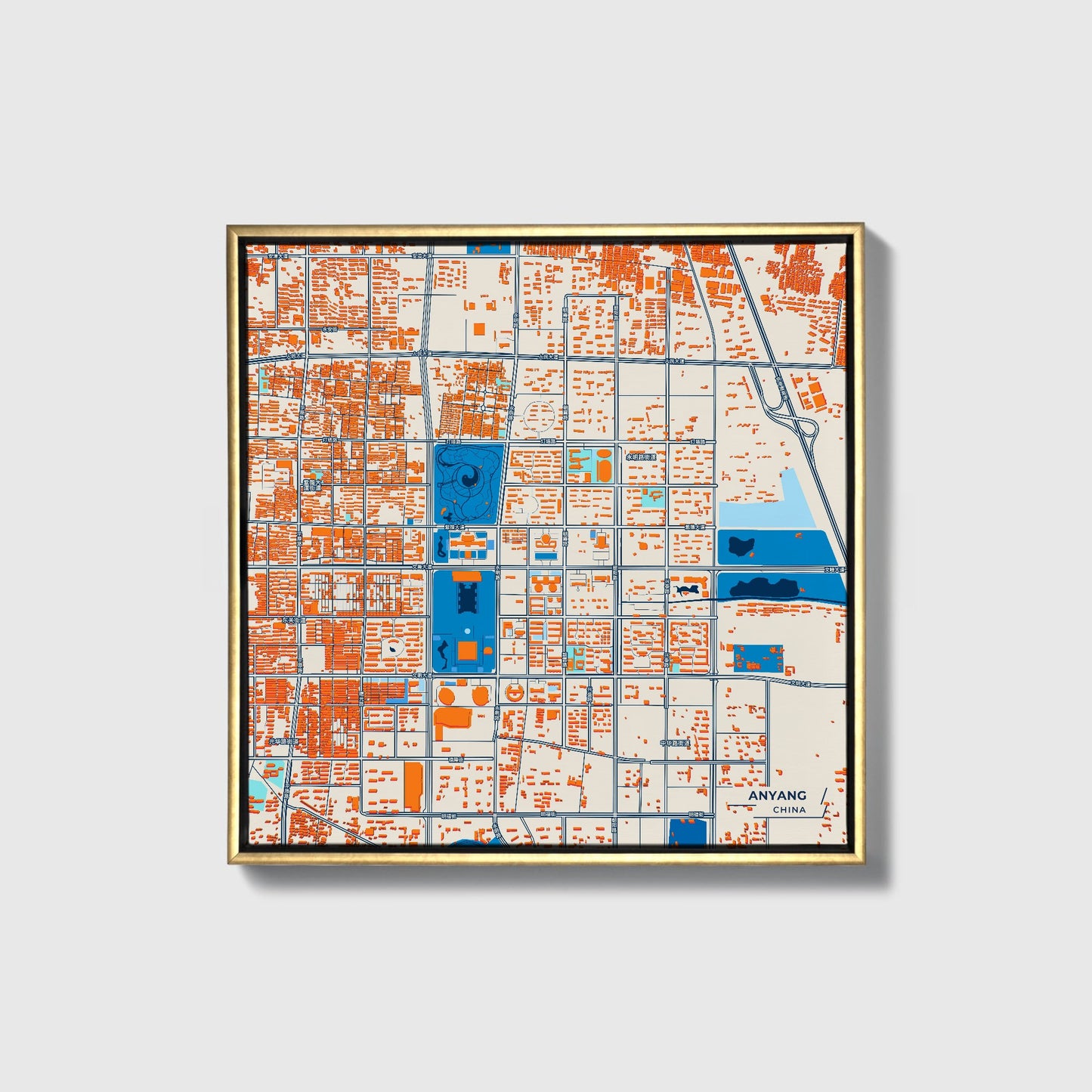 Anyang China Colorful City Map Canvas Print • Gold Framed