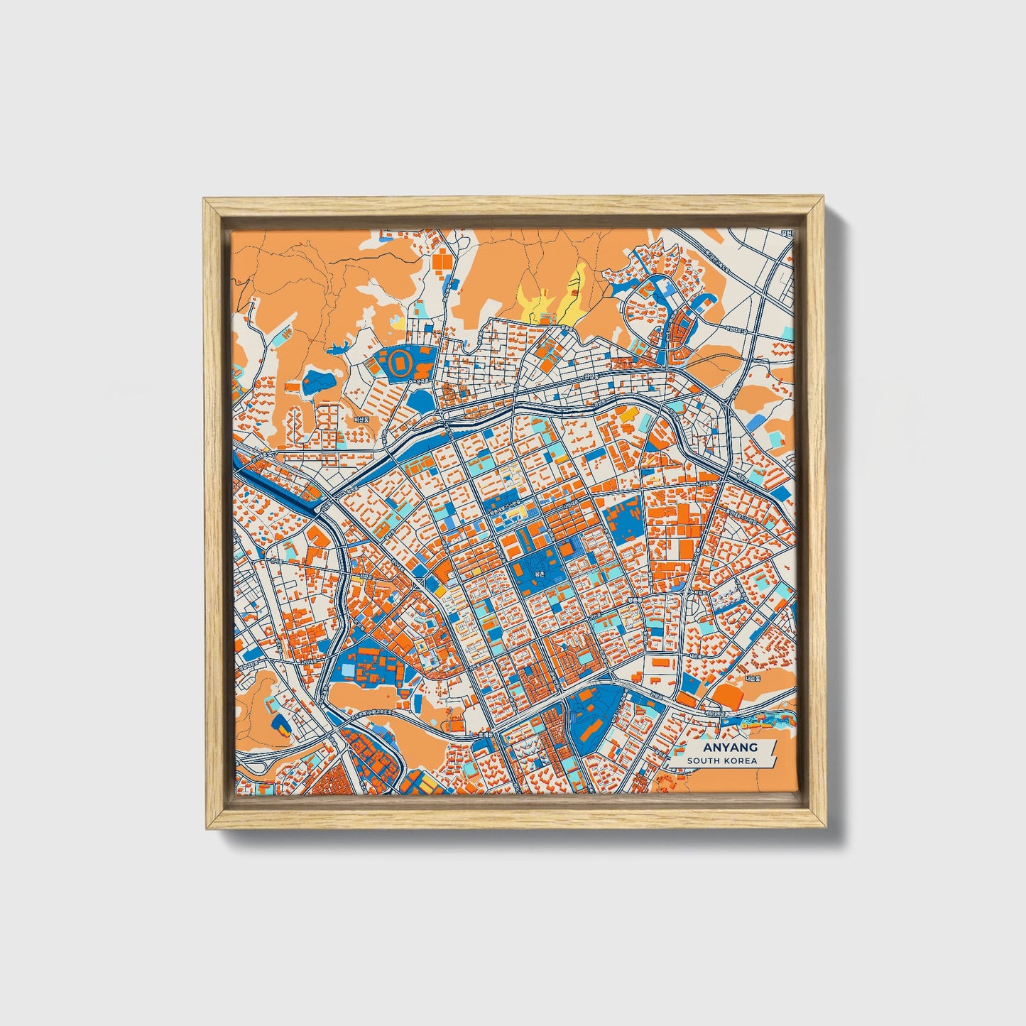 Anyang South Korea Colorful City Map Canvas Print • Natural Wooden Framed