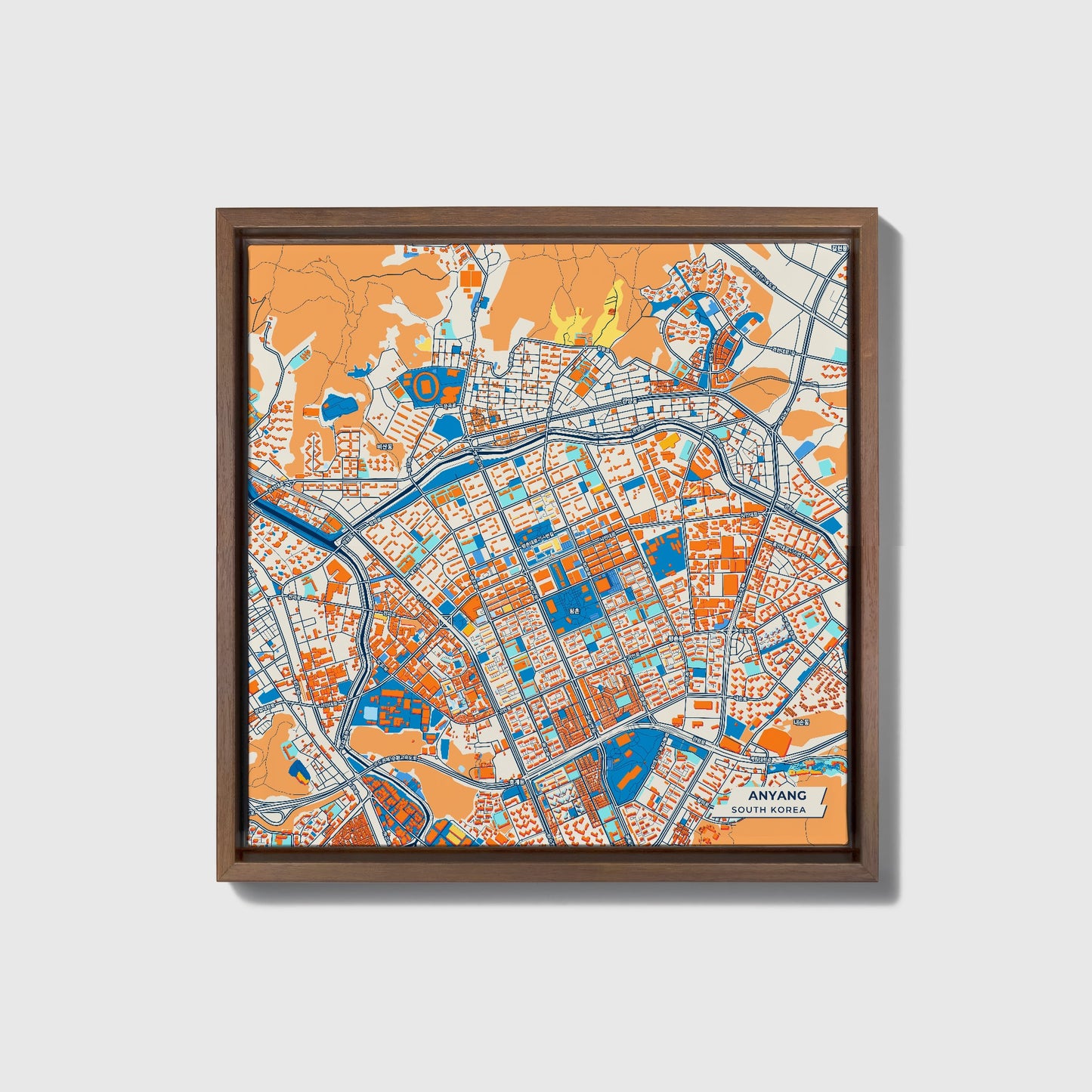 Anyang South Korea Colorful City Map Canvas Print • Dark Wooden Framed
