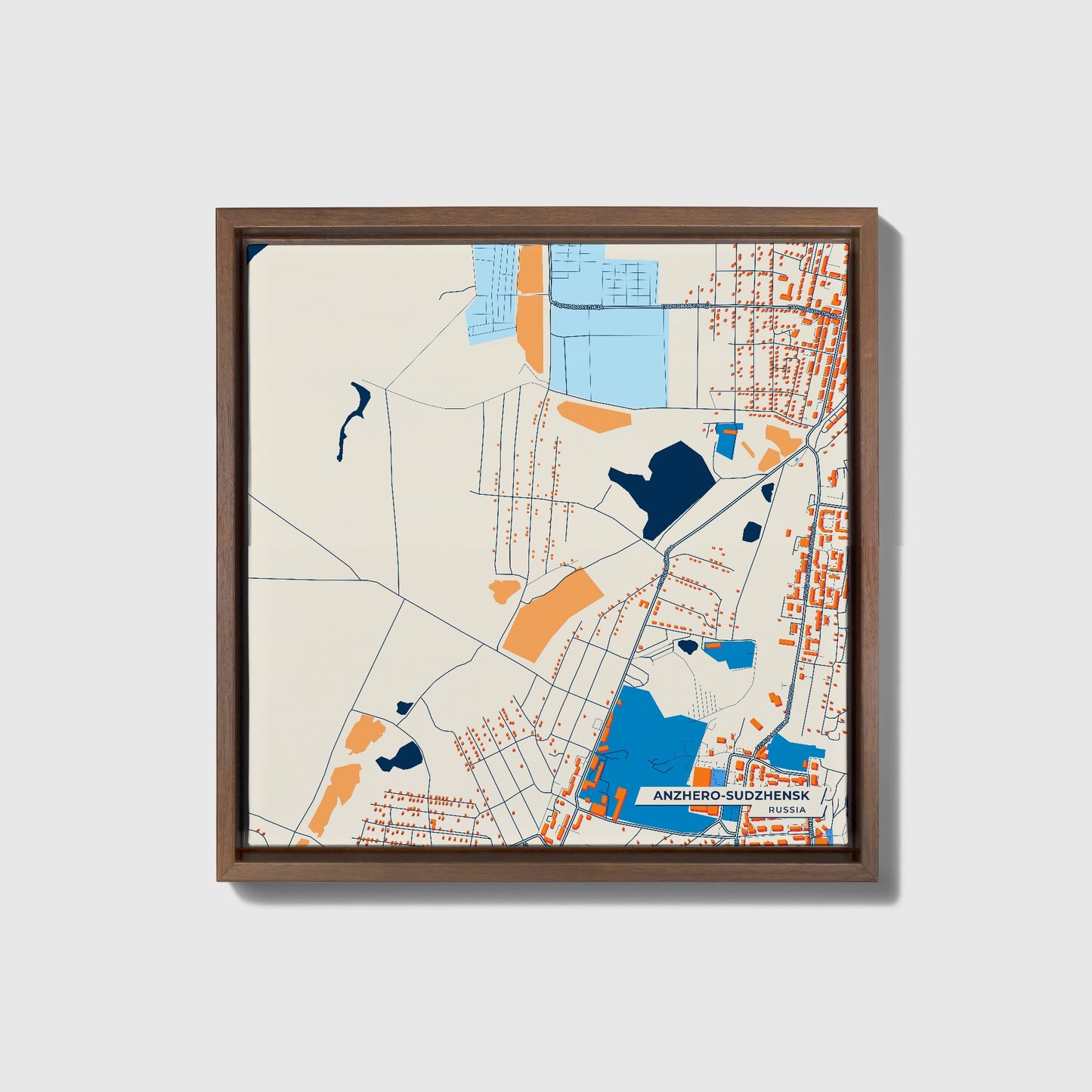 Анжеро-Судженск Russia Colorful City Map Canvas Print • Dark Wooden Framed