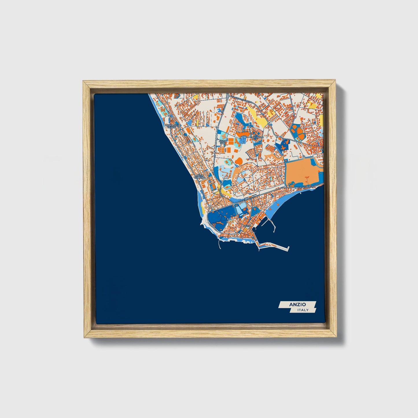 Anzio Italy Colorful City Map Canvas Print • Natural Wooden Framed