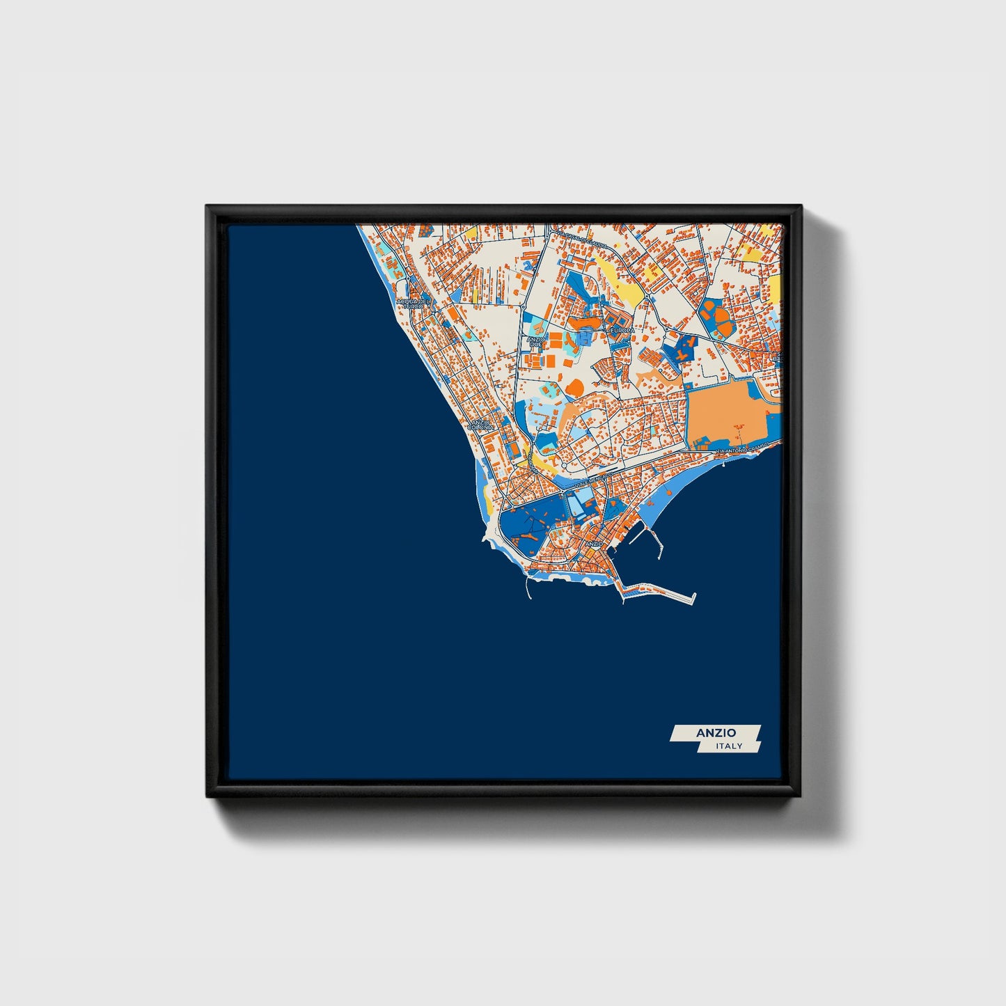 Anzio Italy Colorful City Map Canvas Print • Black Framed