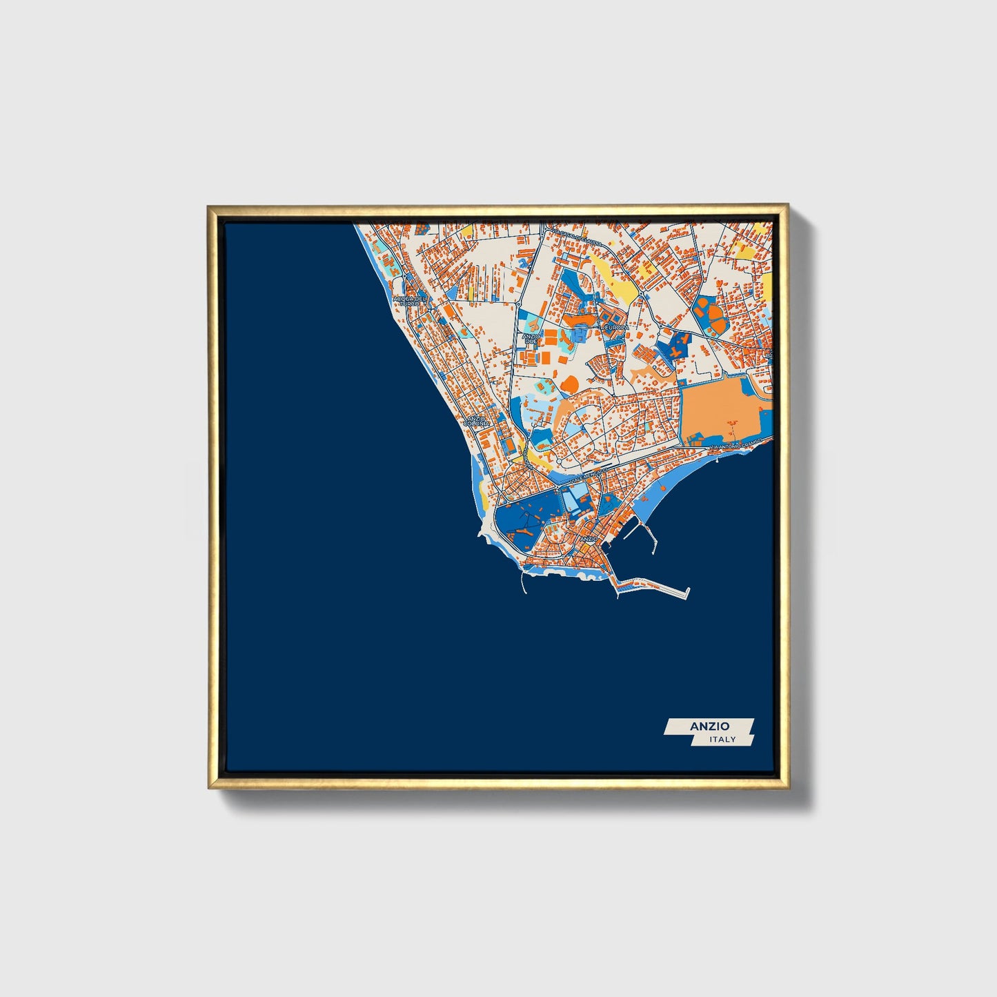 Anzio Italy Colorful City Map Canvas Print • Gold Framed