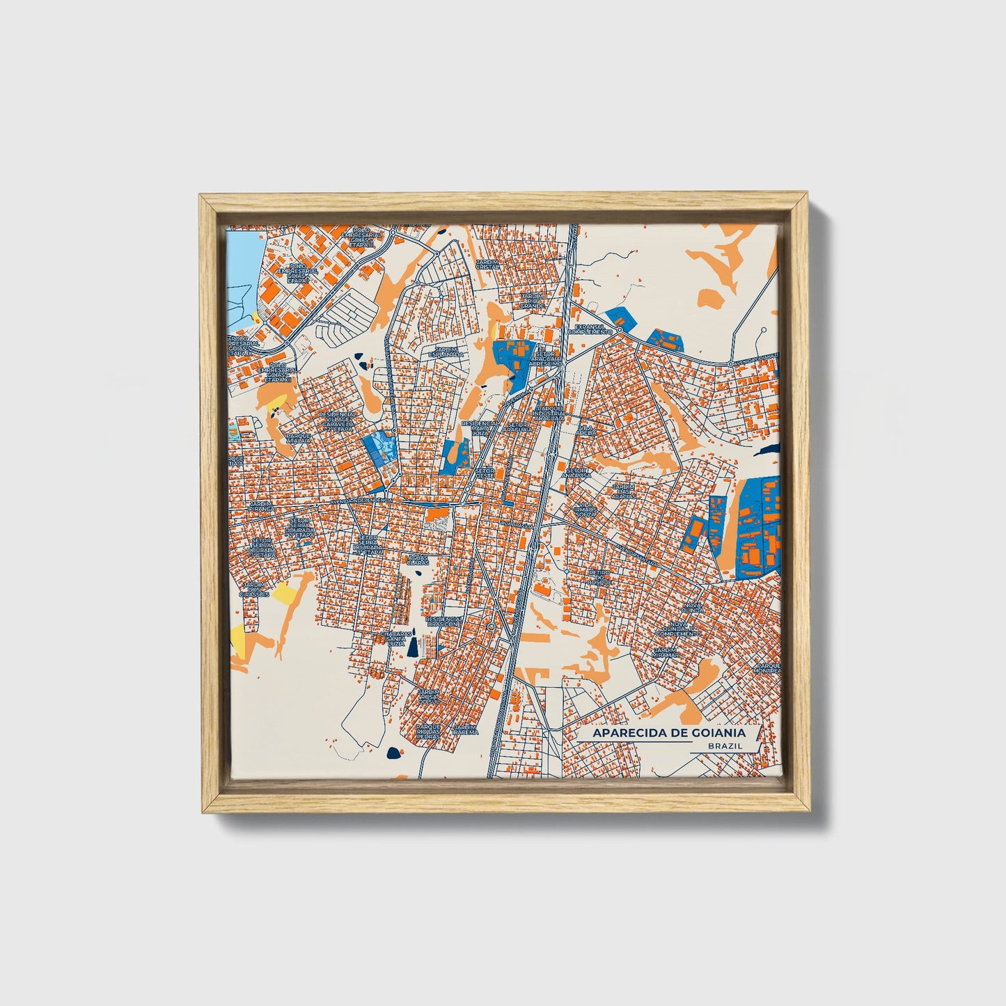 Aparecida De Goiania Brazil Colorful City Map Canvas Print • Natural Wooden Framed