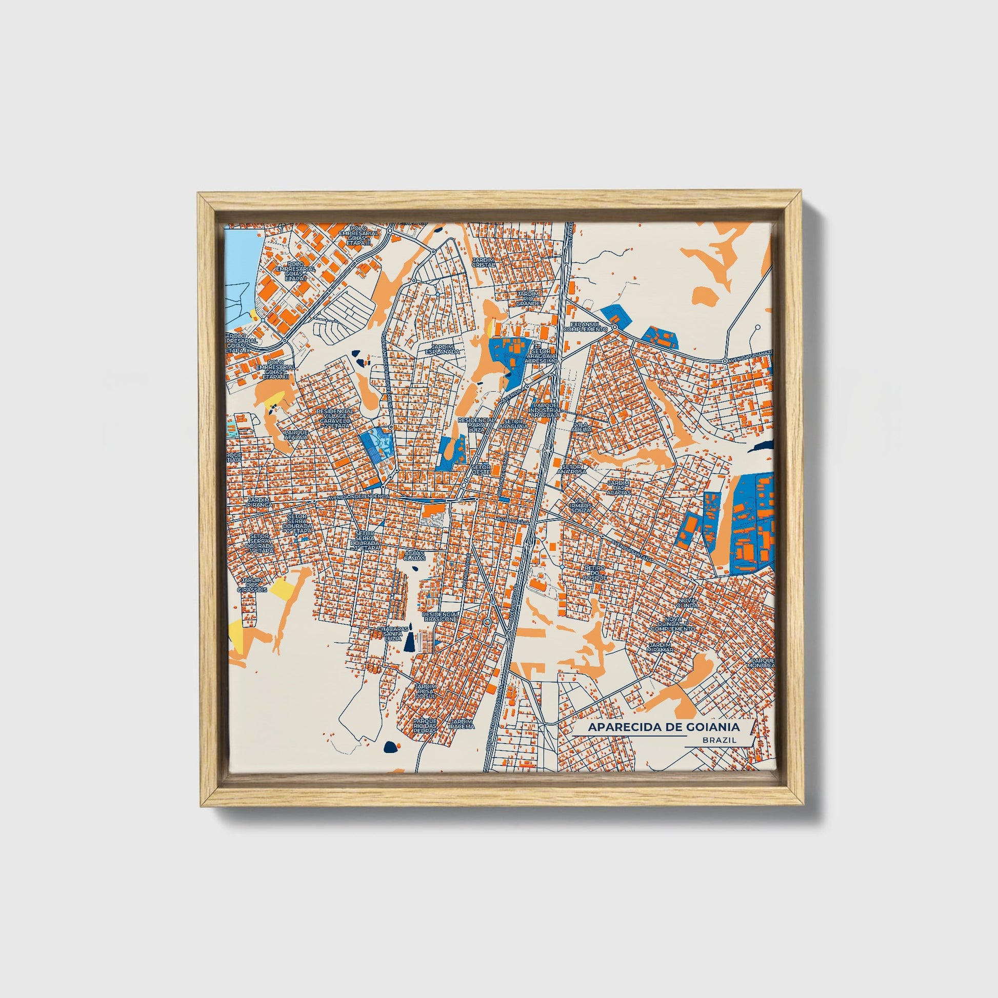 Aparecida De Goiania Brazil Colorful City Map Canvas Print • Natural Wooden Framed
