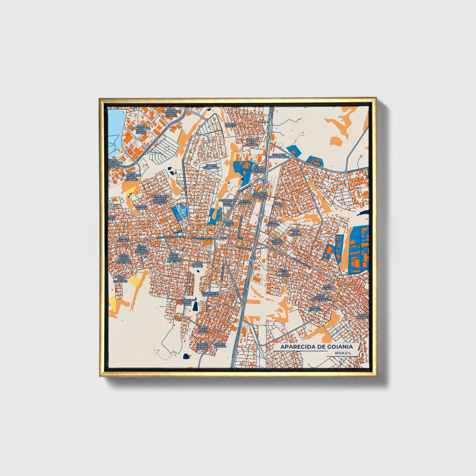 Aparecida De Goiania Brazil Colorful City Map Canvas Print • Gold Framed
