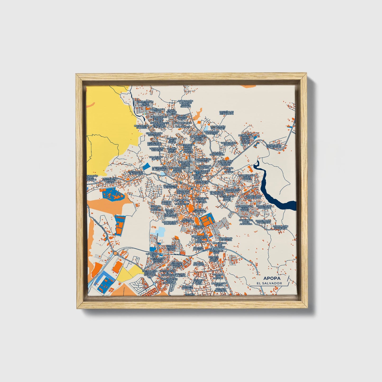 Apopa El Salvador Colorful City Map Canvas Print • Natural Wooden Framed