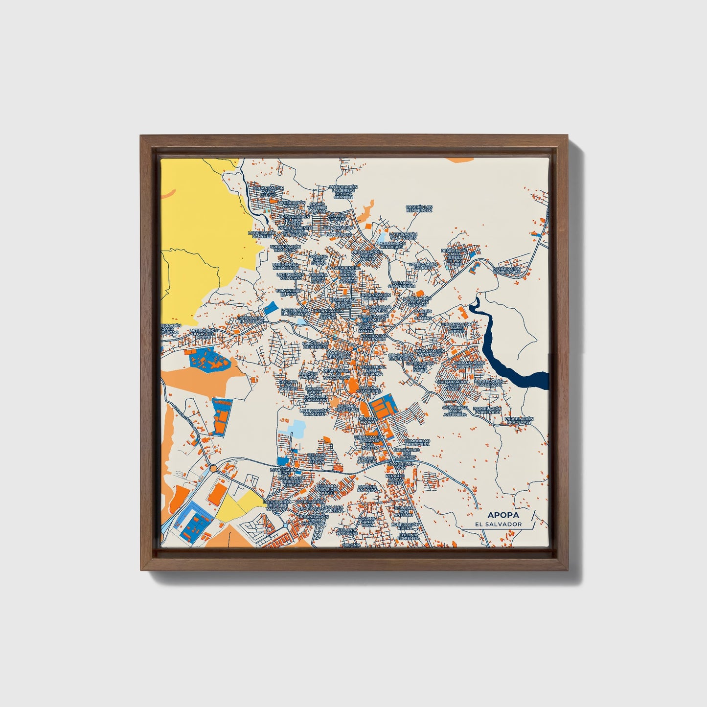 Apopa El Salvador Colorful City Map Canvas Print • Dark Wooden Framed