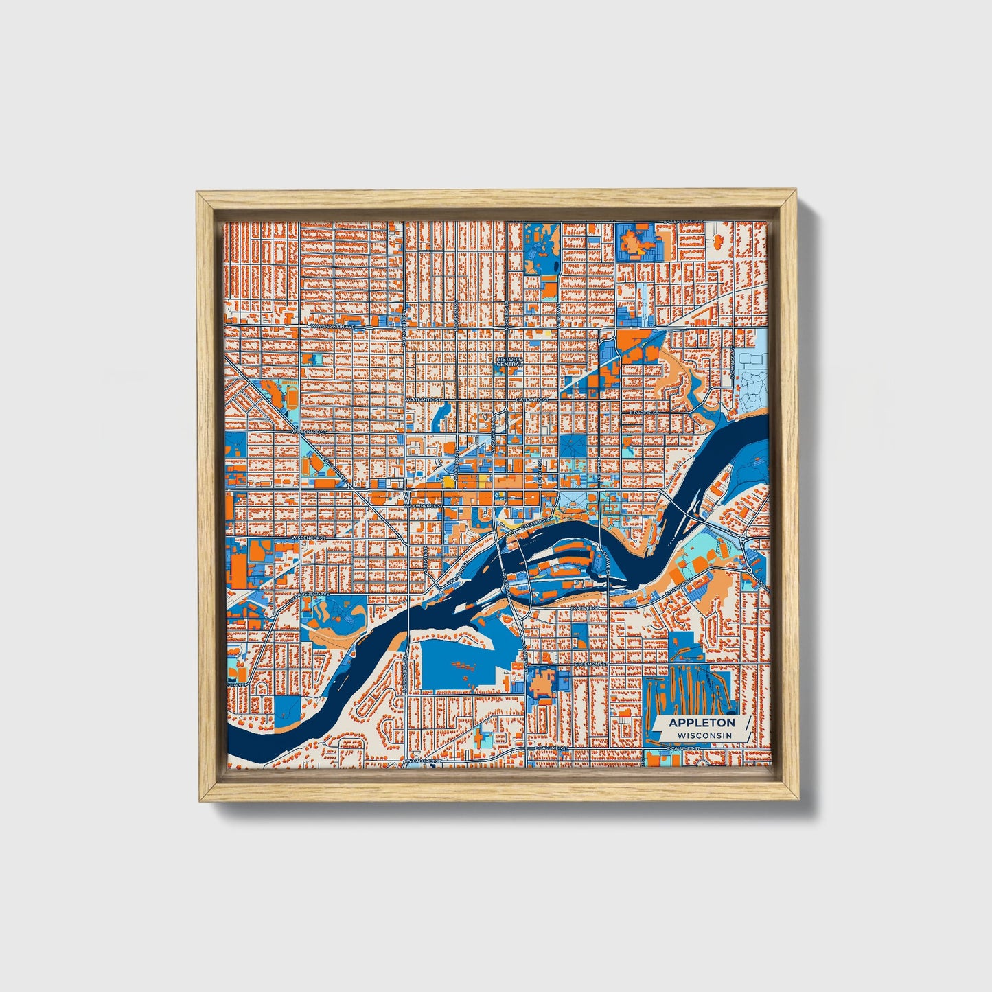 Appleton Wisconsin Colorful City Map Canvas Print • Natural Wooden Framed