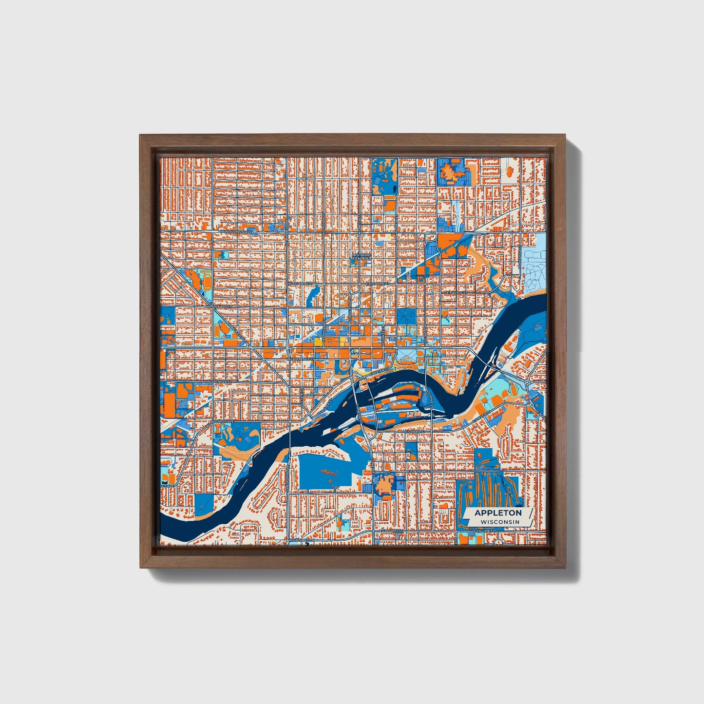 Appleton Wisconsin Colorful City Map Canvas Print • Dark Wooden Framed