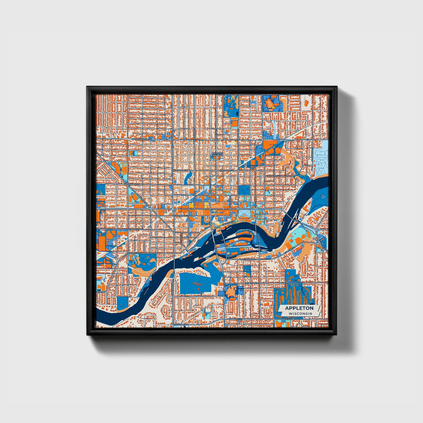 Appleton Wisconsin Colorful City Map Canvas Print • Black Framed