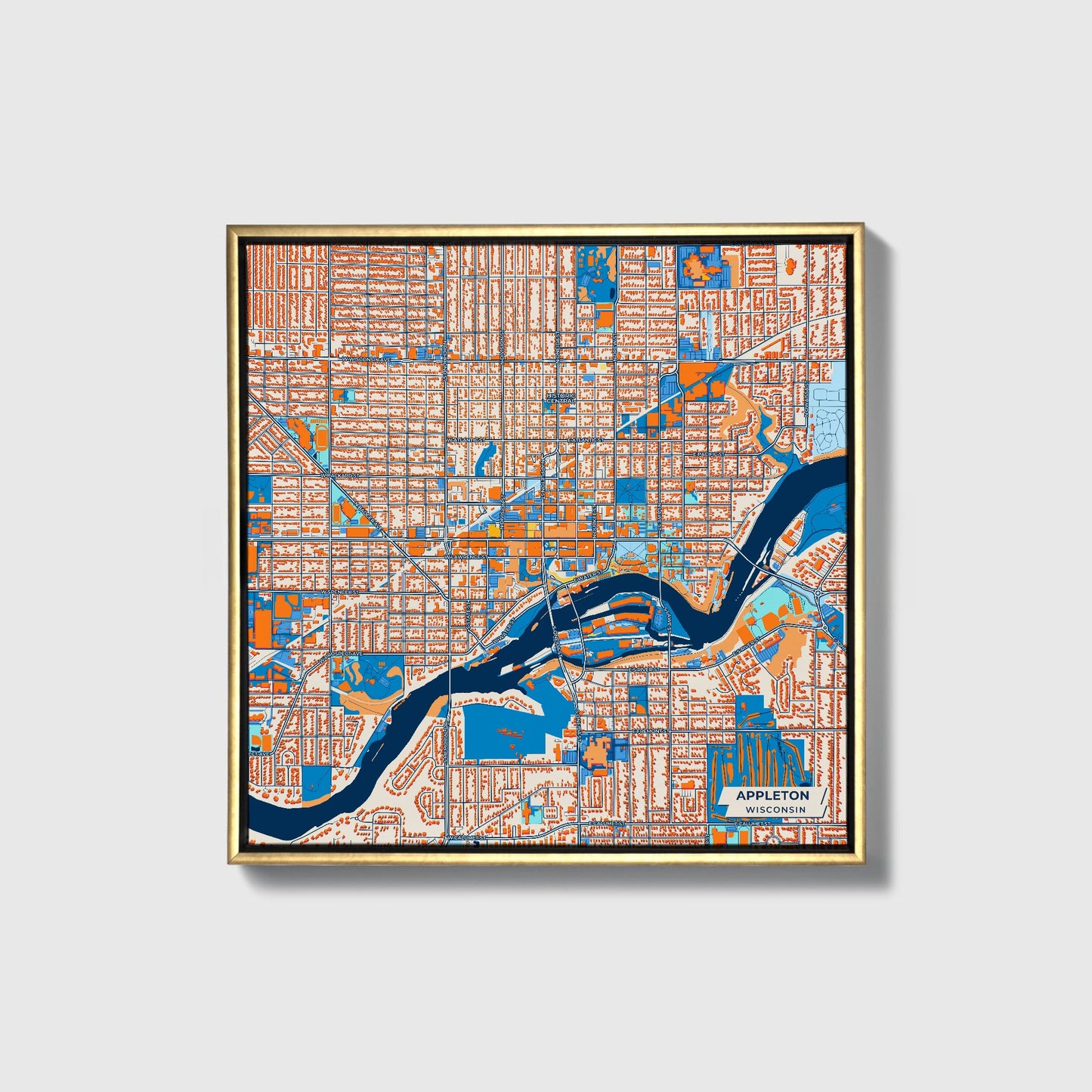Appleton Wisconsin Colorful City Map Canvas Print • Gold Framed