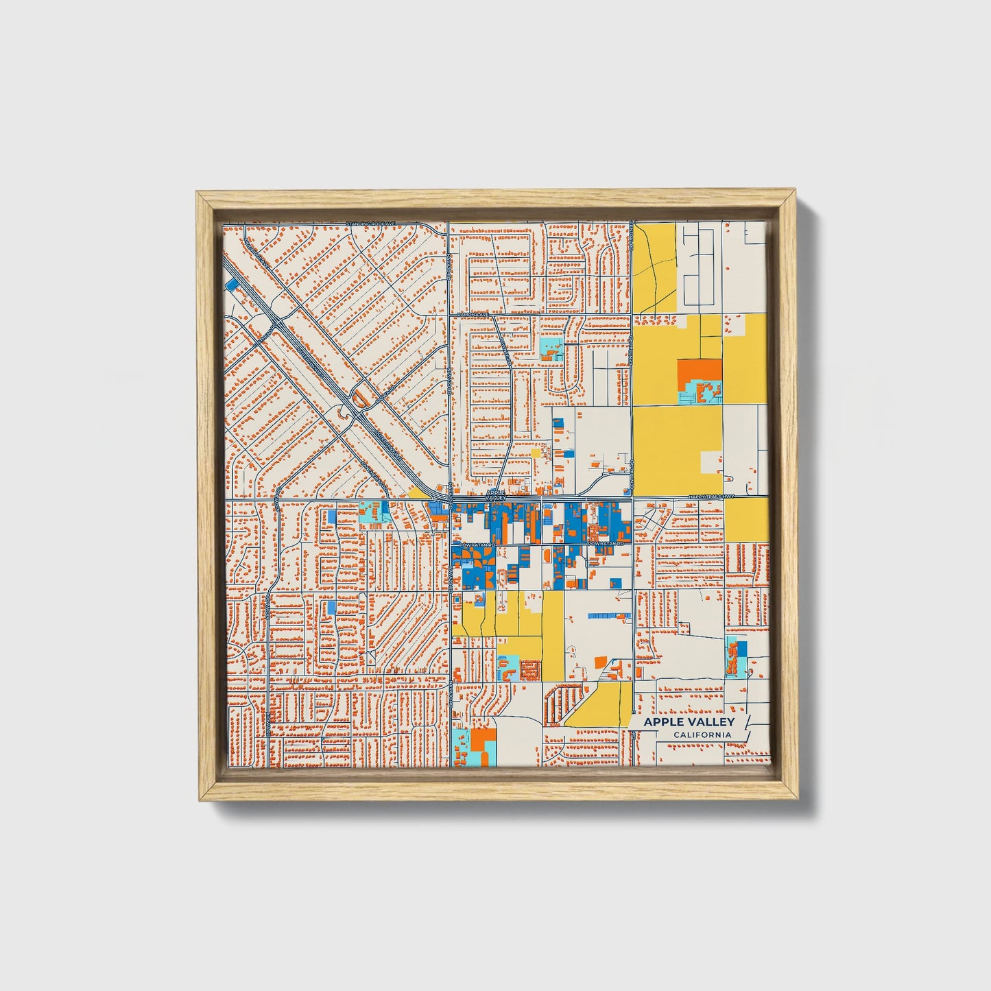 Apple Valley California Colorful City Map Canvas Print • Natural Wooden Framed