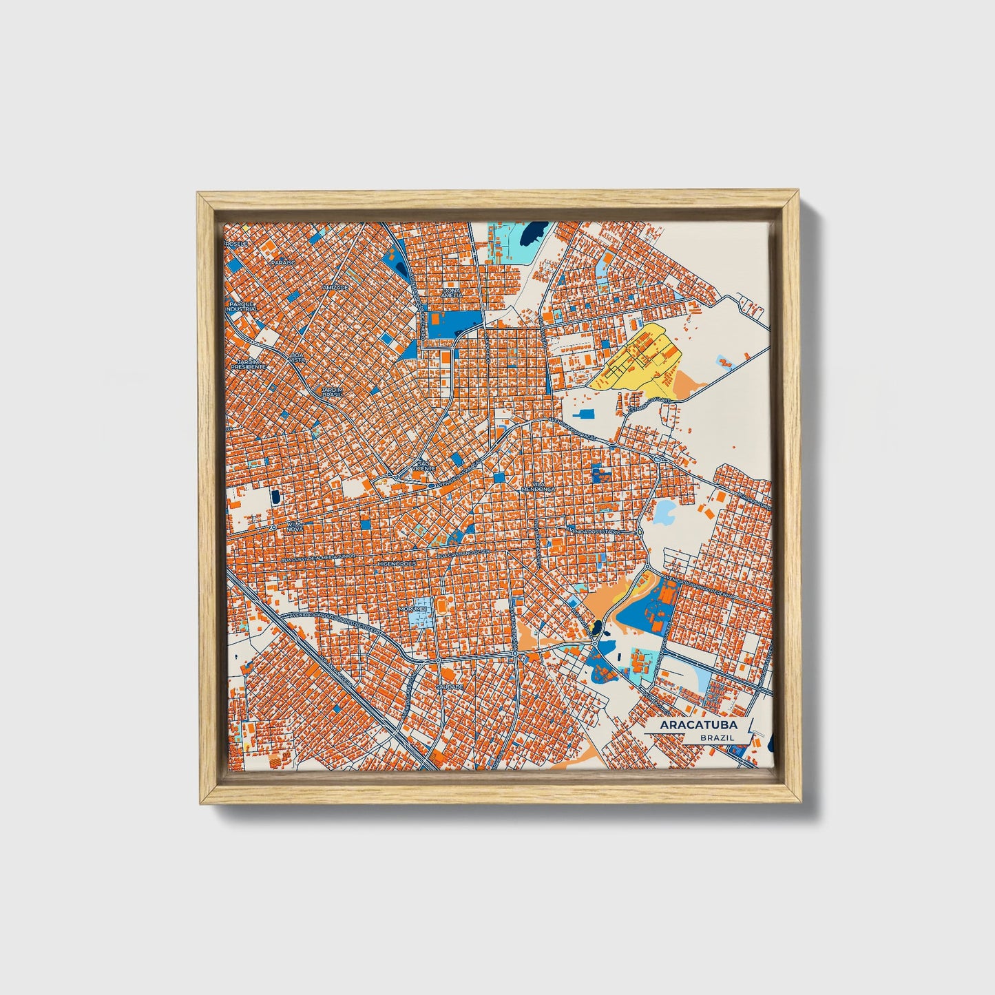 Aracatuba Brazil Colorful City Map Canvas Print • Natural Wooden Framed
