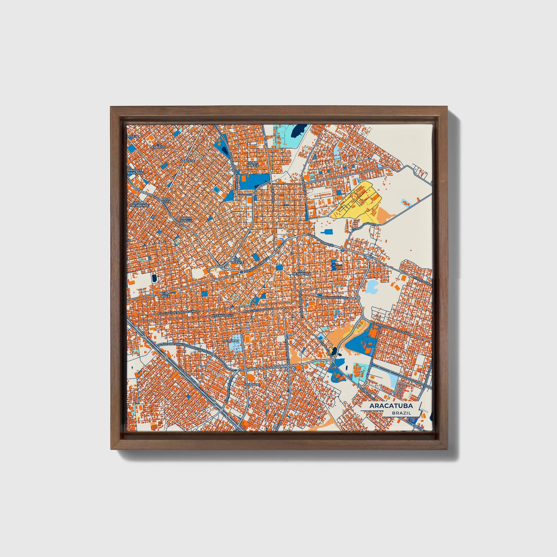Aracatuba Brazil Colorful City Map Canvas Print • Dark Wooden Framed