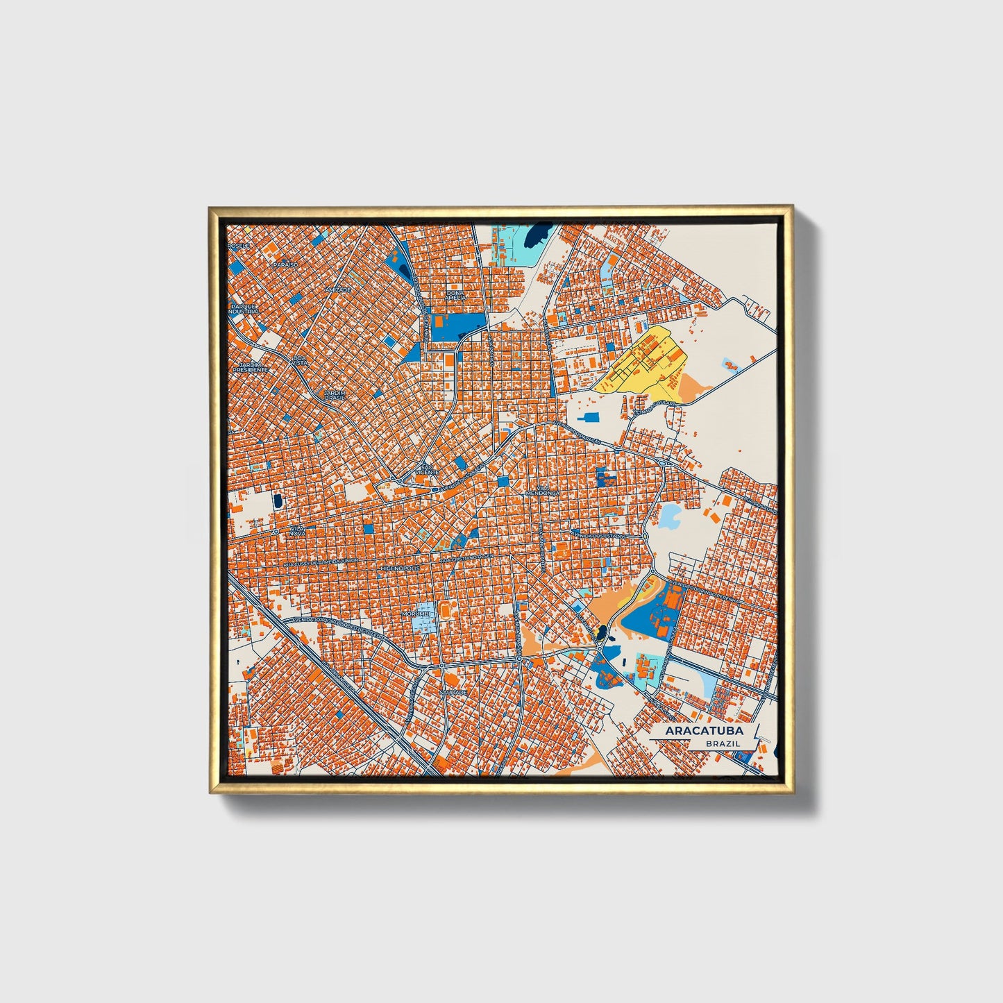 Aracatuba Brazil Colorful City Map Canvas Print • Gold Framed