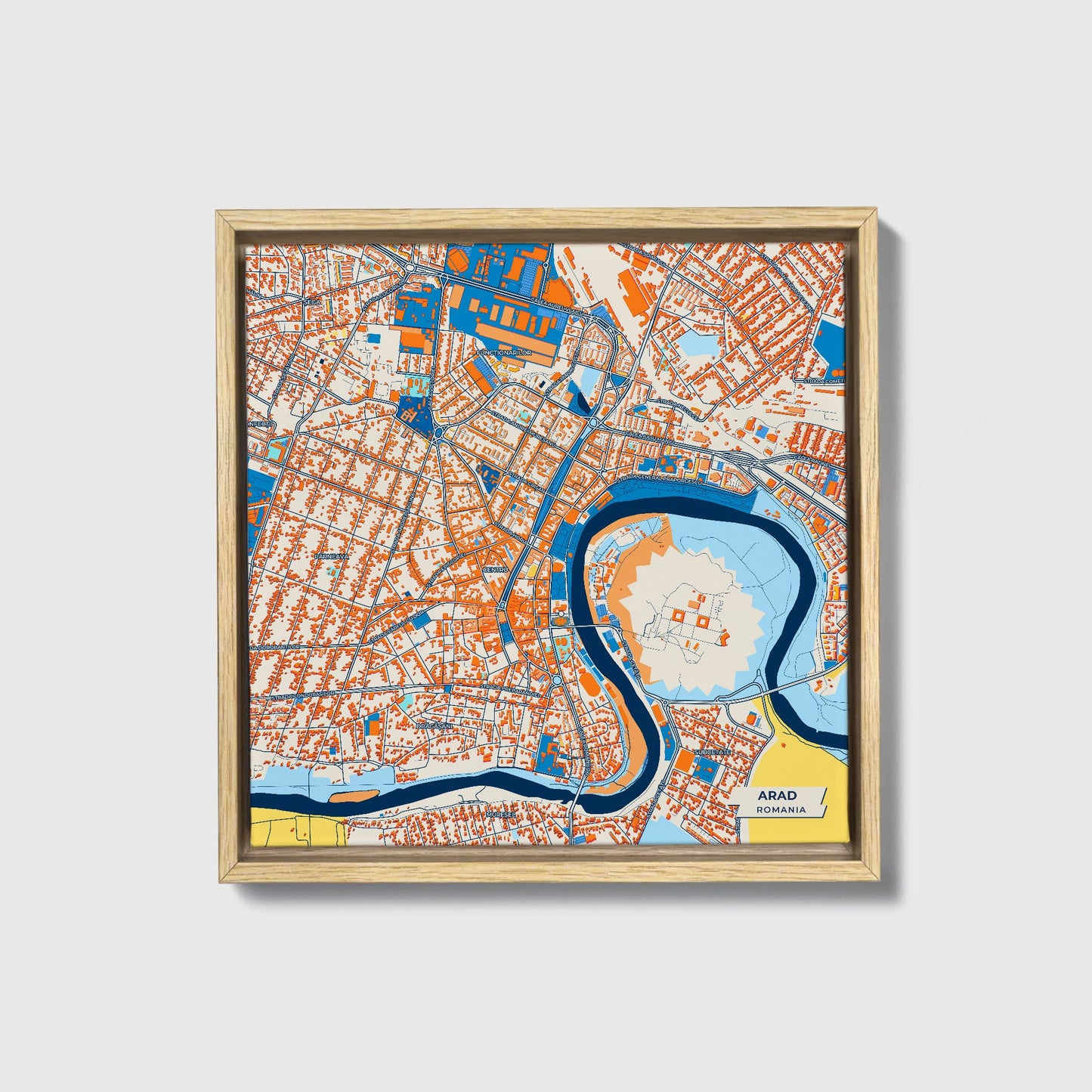 Arad Romania Colorful City Map Canvas Print • Natural Wooden Framed