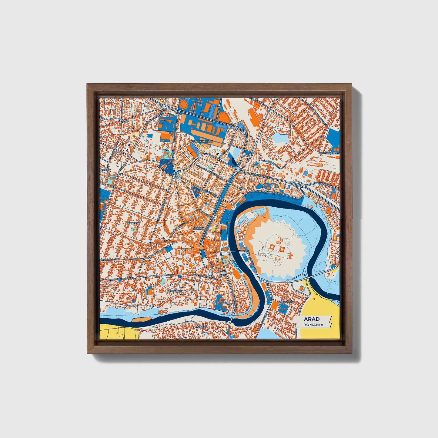 Arad Romania Colorful City Map Canvas Print • Dark Wooden Framed