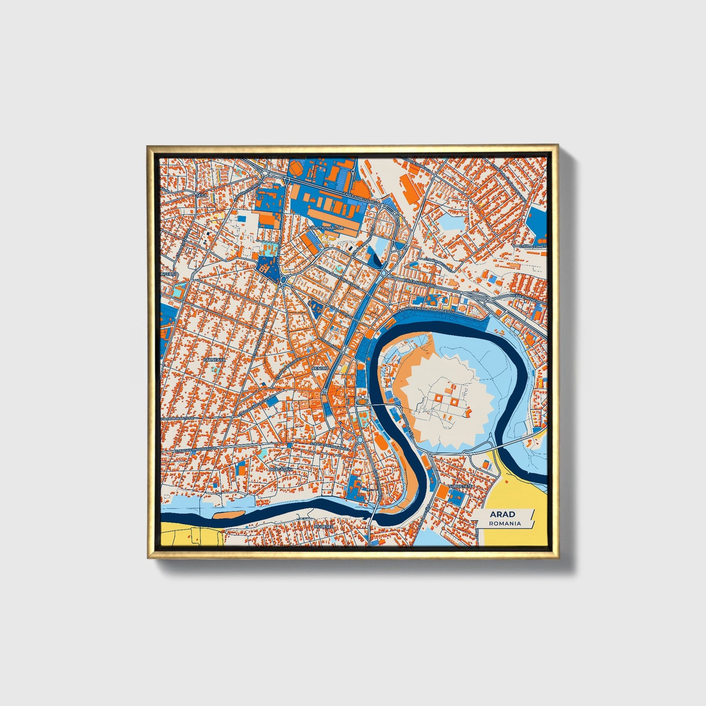 Arad Romania Colorful City Map Canvas Print • Gold Framed