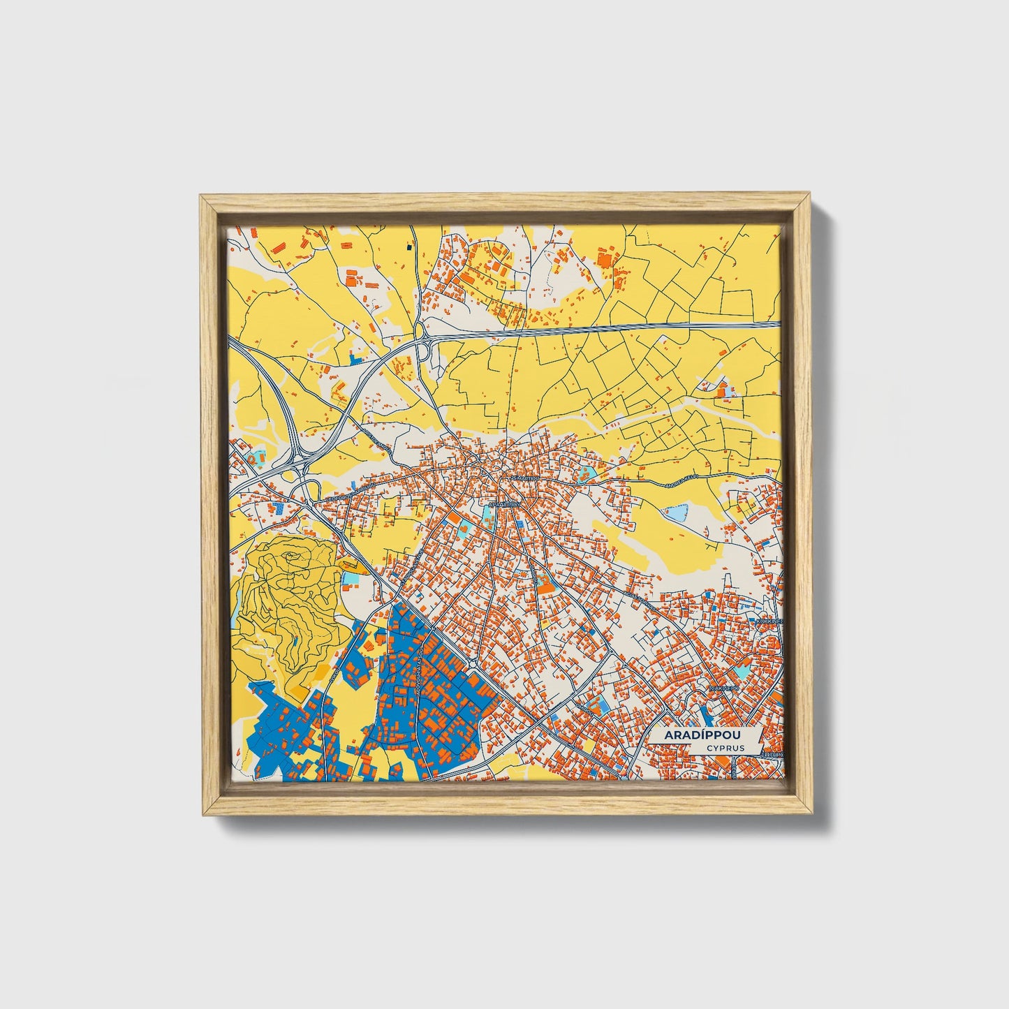 Aradíppou   Cyprus Colorful City Map Canvas Print • Natural Wooden Framed