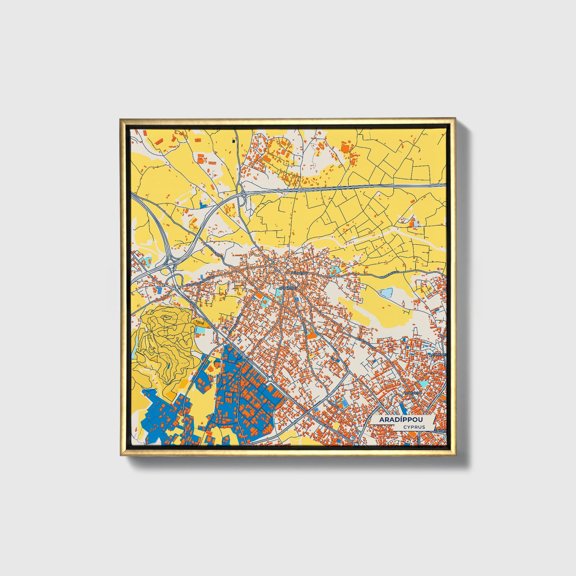 Aradíppou   Cyprus Colorful City Map Canvas Print • Gold Framed