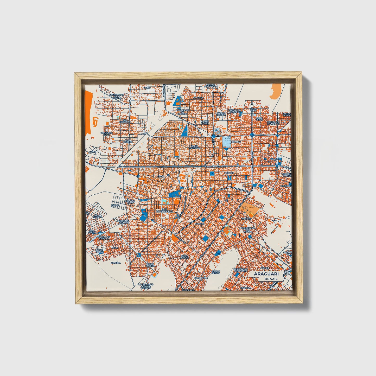 Araguari Brazil Colorful City Map Canvas Print • Natural Wooden Framed