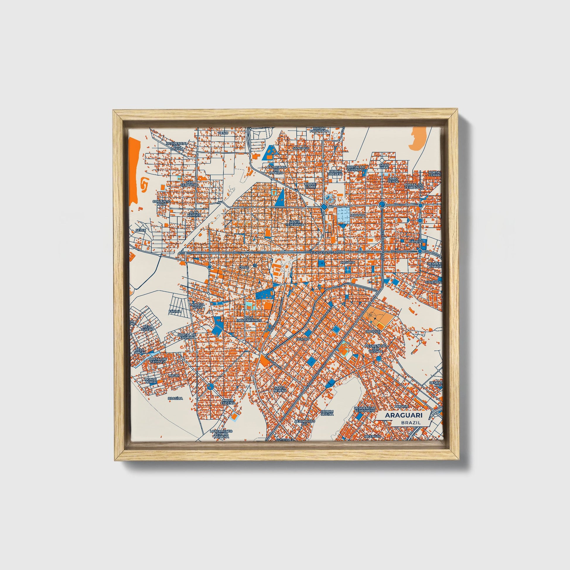 Araguari Brazil Colorful City Map Canvas Print • Natural Wooden Framed