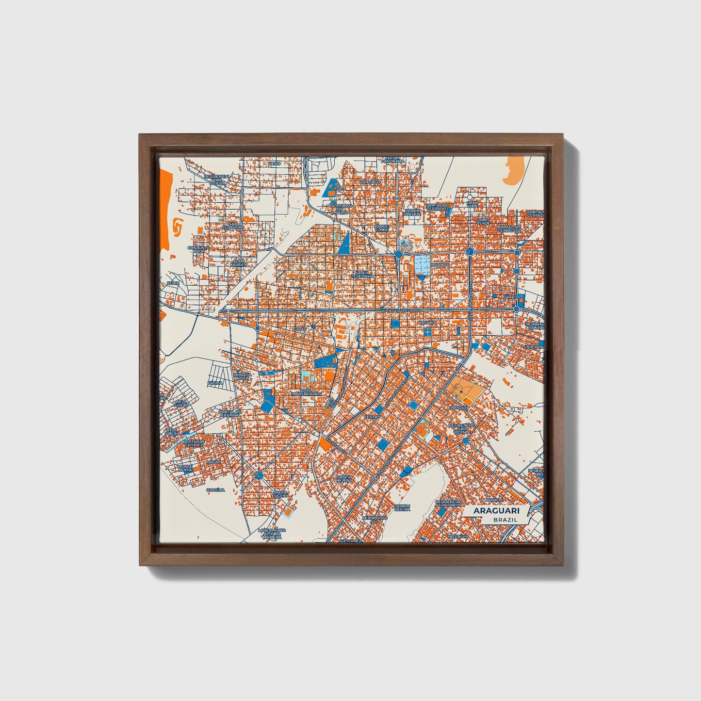 Araguari Brazil Colorful City Map Canvas Print • Dark Wooden Framed