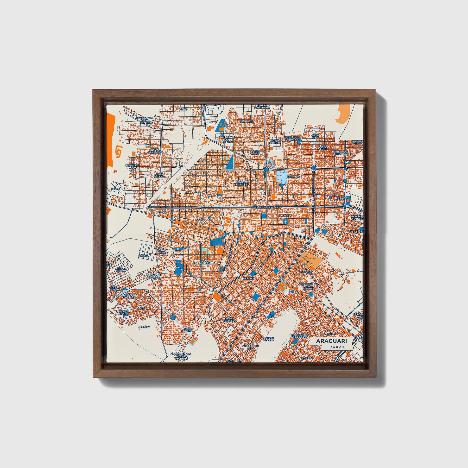 Araguari Brazil Colorful City Map Canvas Print • Dark Wooden Framed