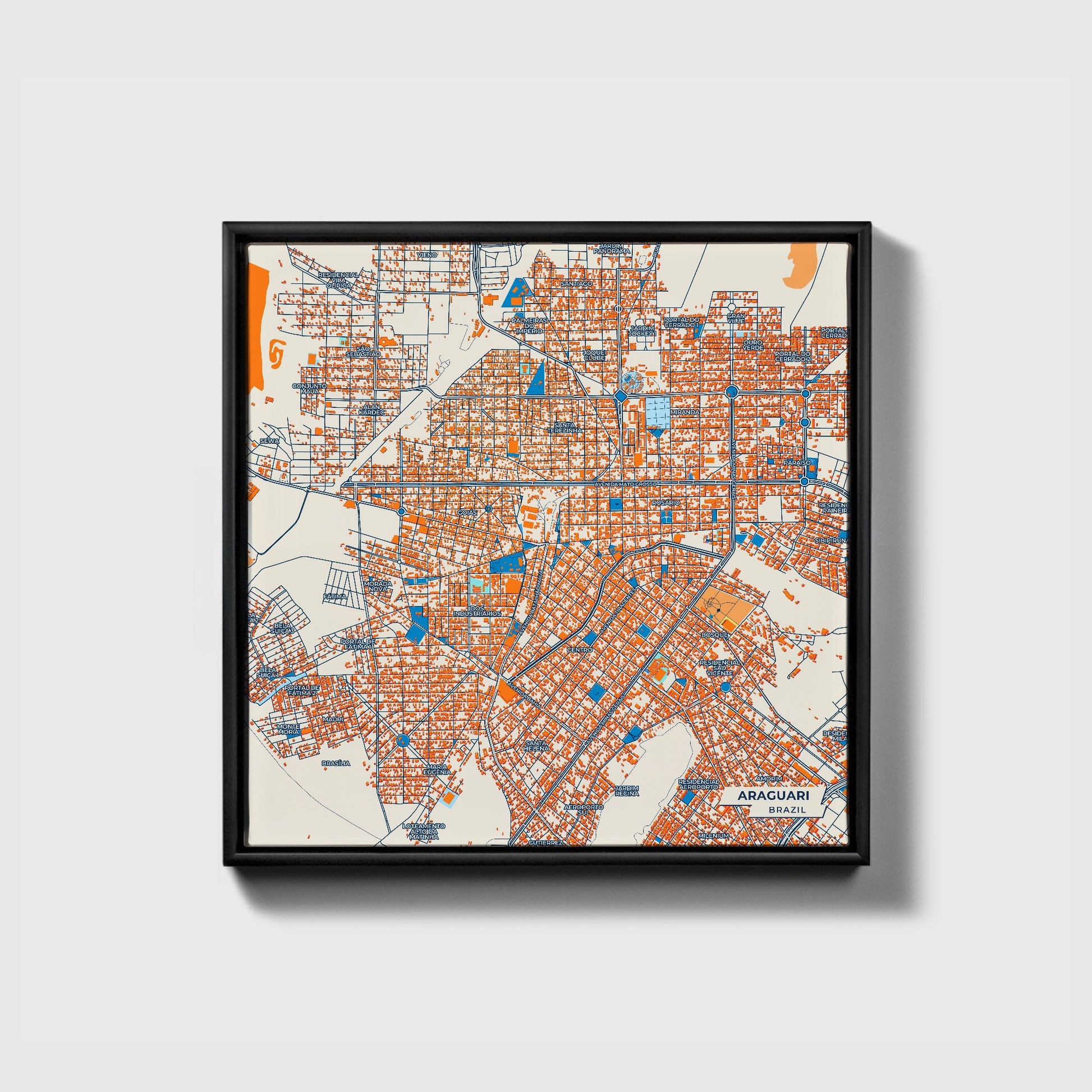 Araguari Brazil Colorful City Map Canvas Print • Black Framed