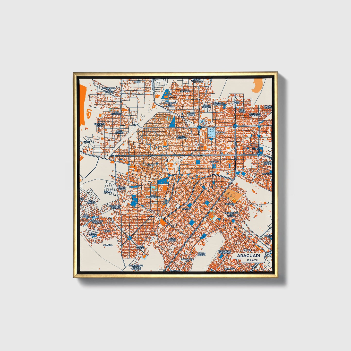 Araguari Brazil Colorful City Map Canvas Print • Gold Framed