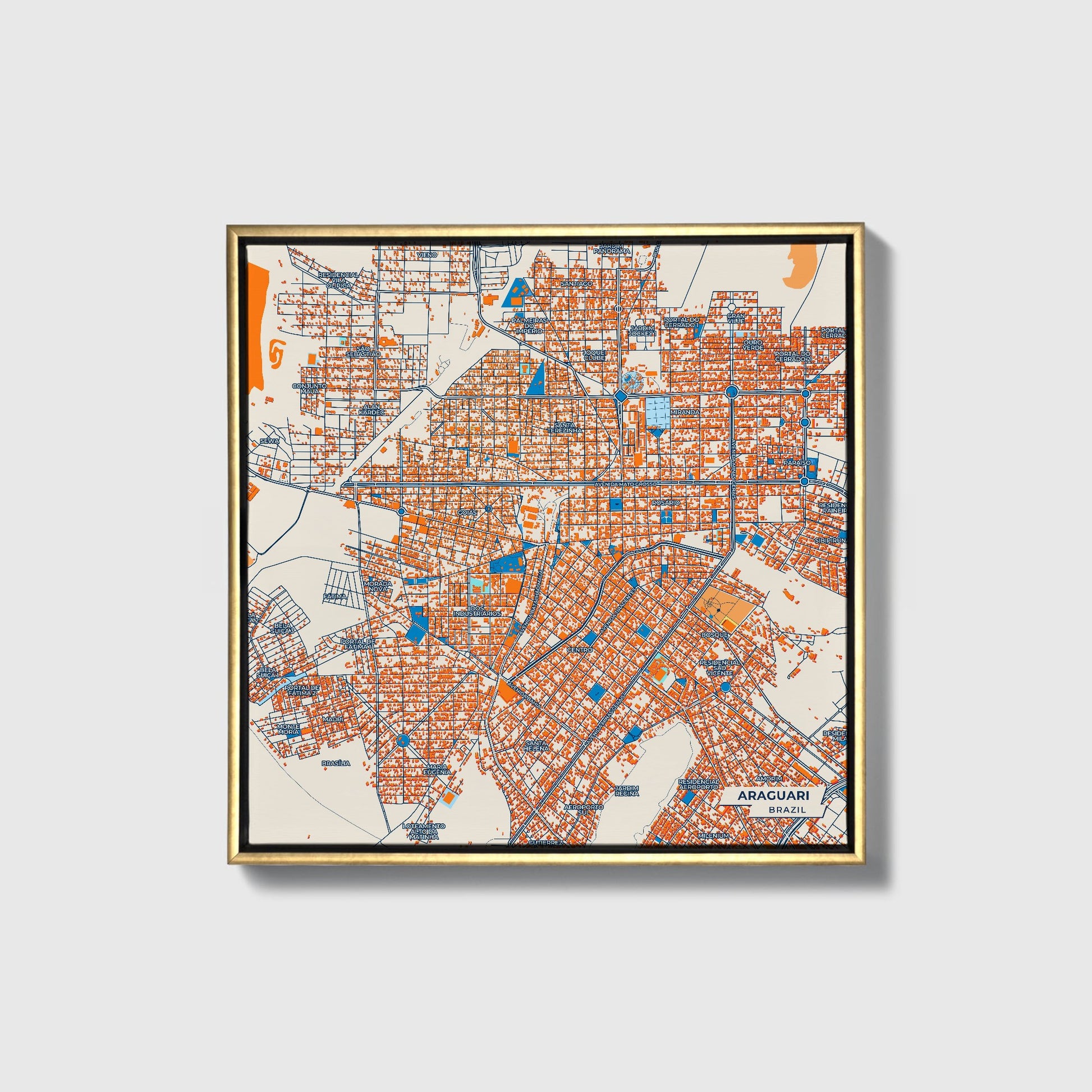 Araguari Brazil Colorful City Map Canvas Print • Gold Framed