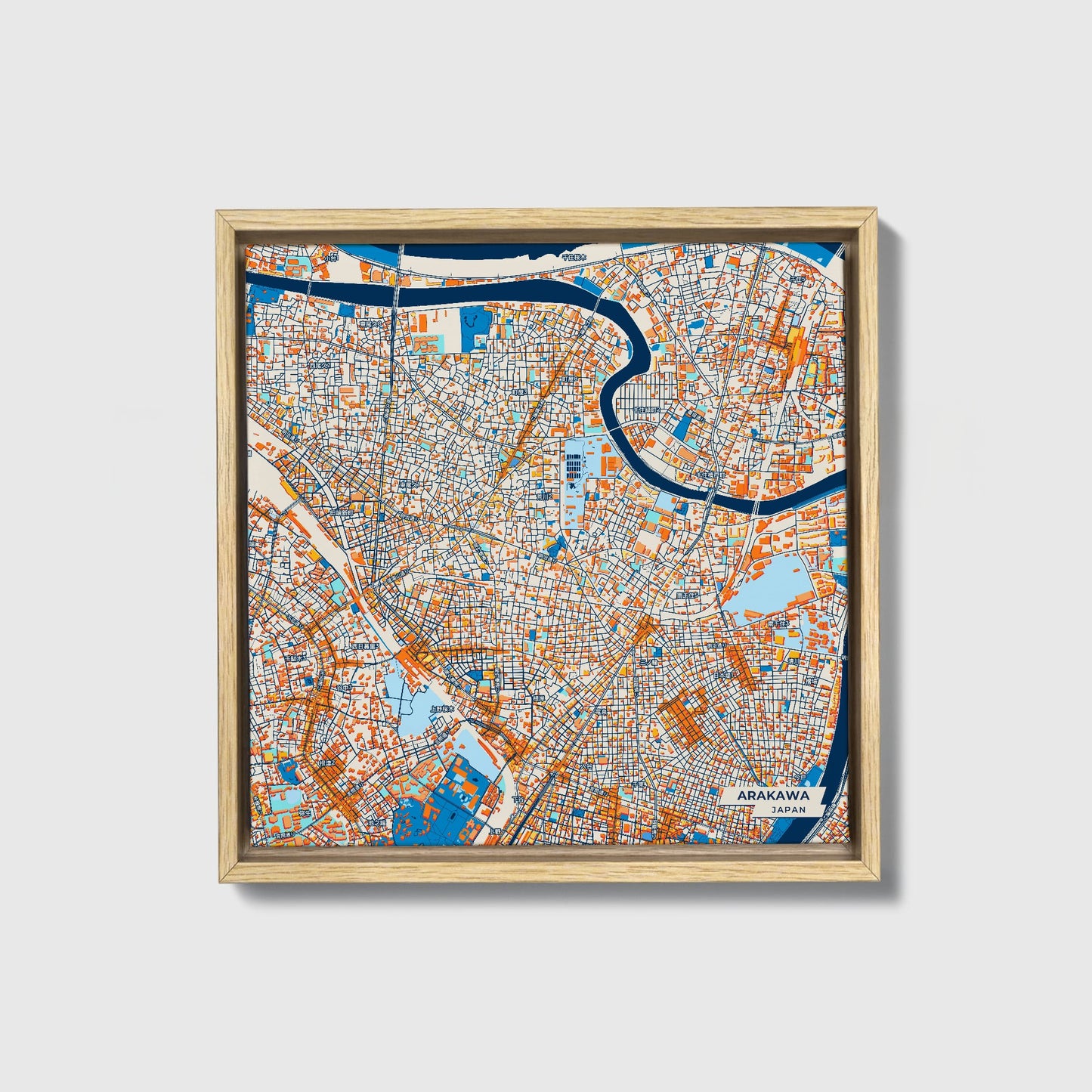 Arakawa Japan Colorful City Map Canvas Print • Natural Wooden Framed