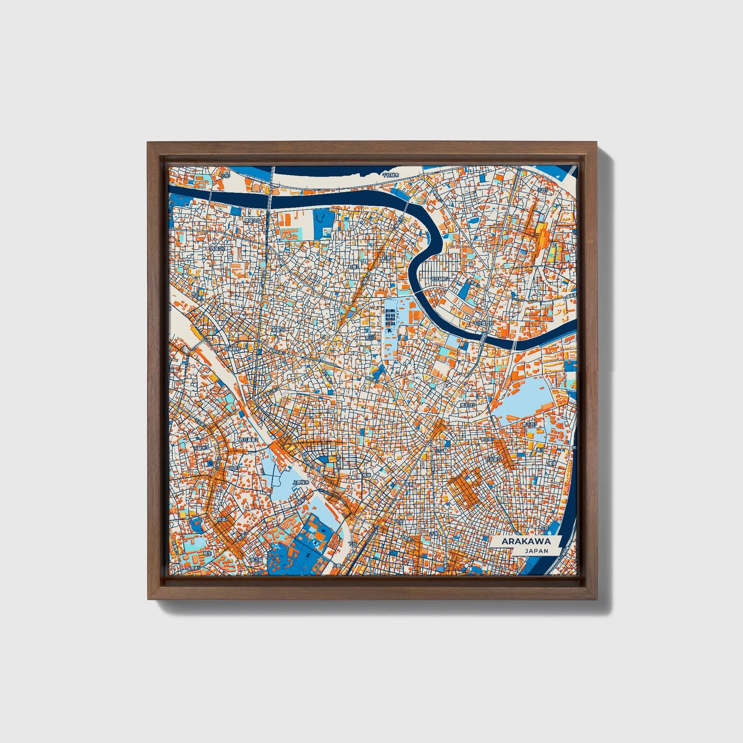 Arakawa Japan Colorful City Map Canvas Print • Dark Wooden Framed
