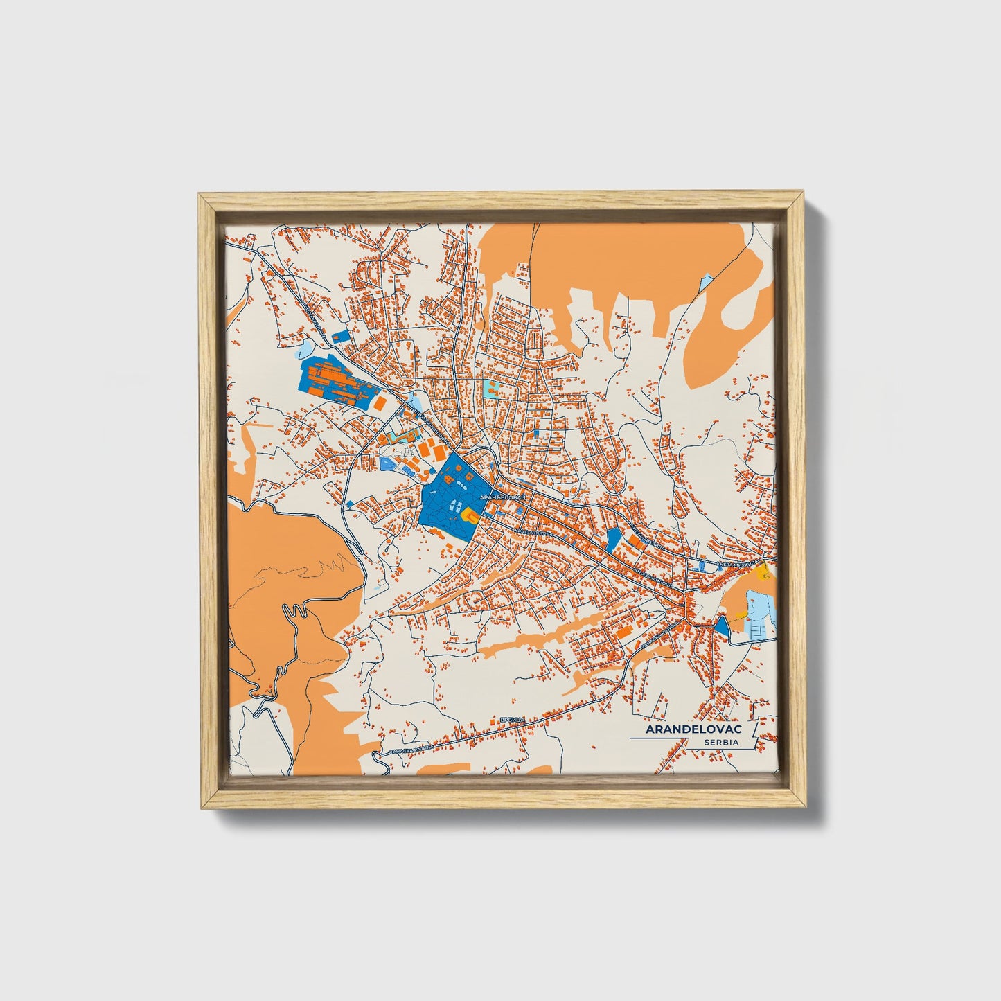 Аранђеловац Serbia Colorful City Map Canvas Print • Natural Wooden Framed