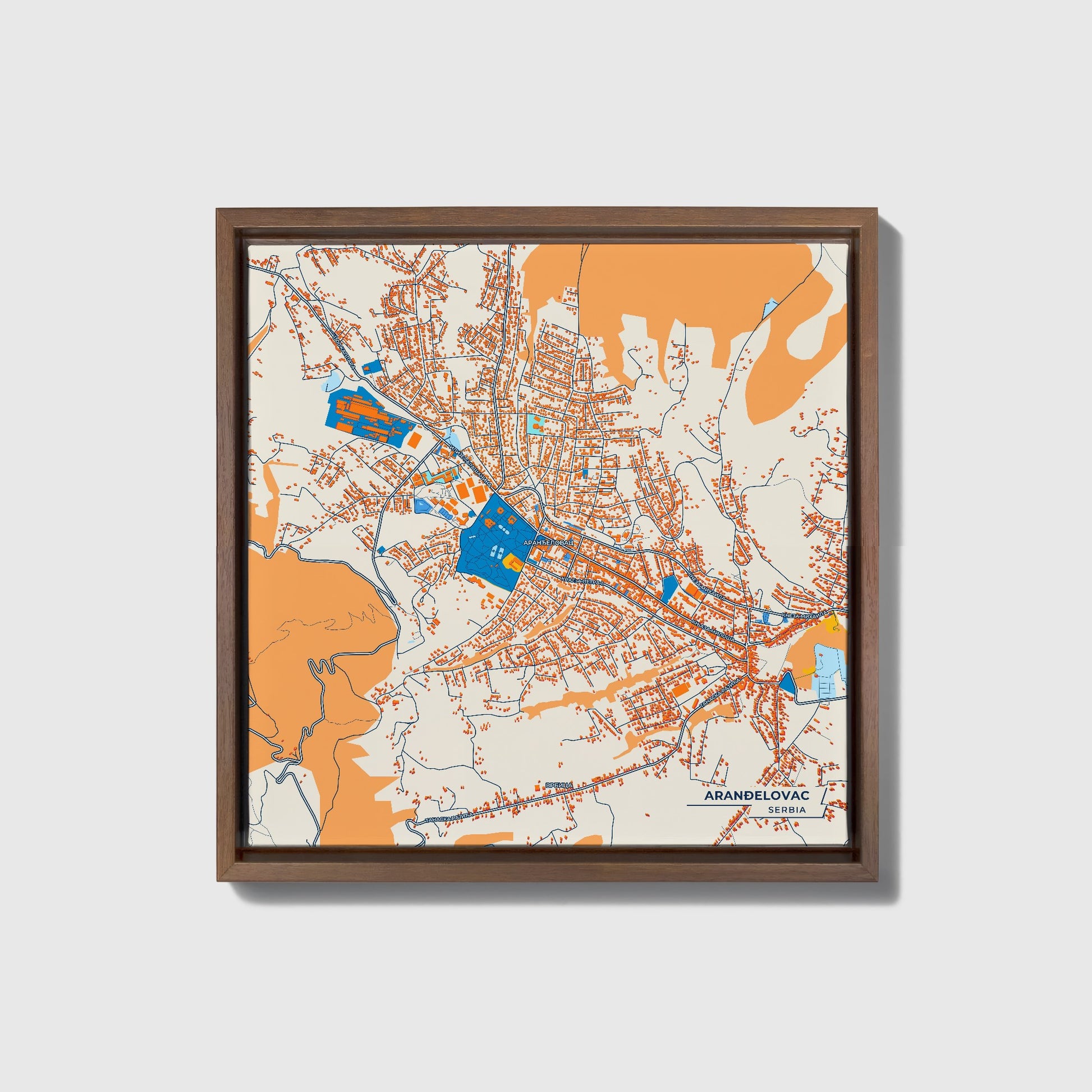 Аранђеловац Serbia Colorful City Map Canvas Print • Dark Wooden Framed