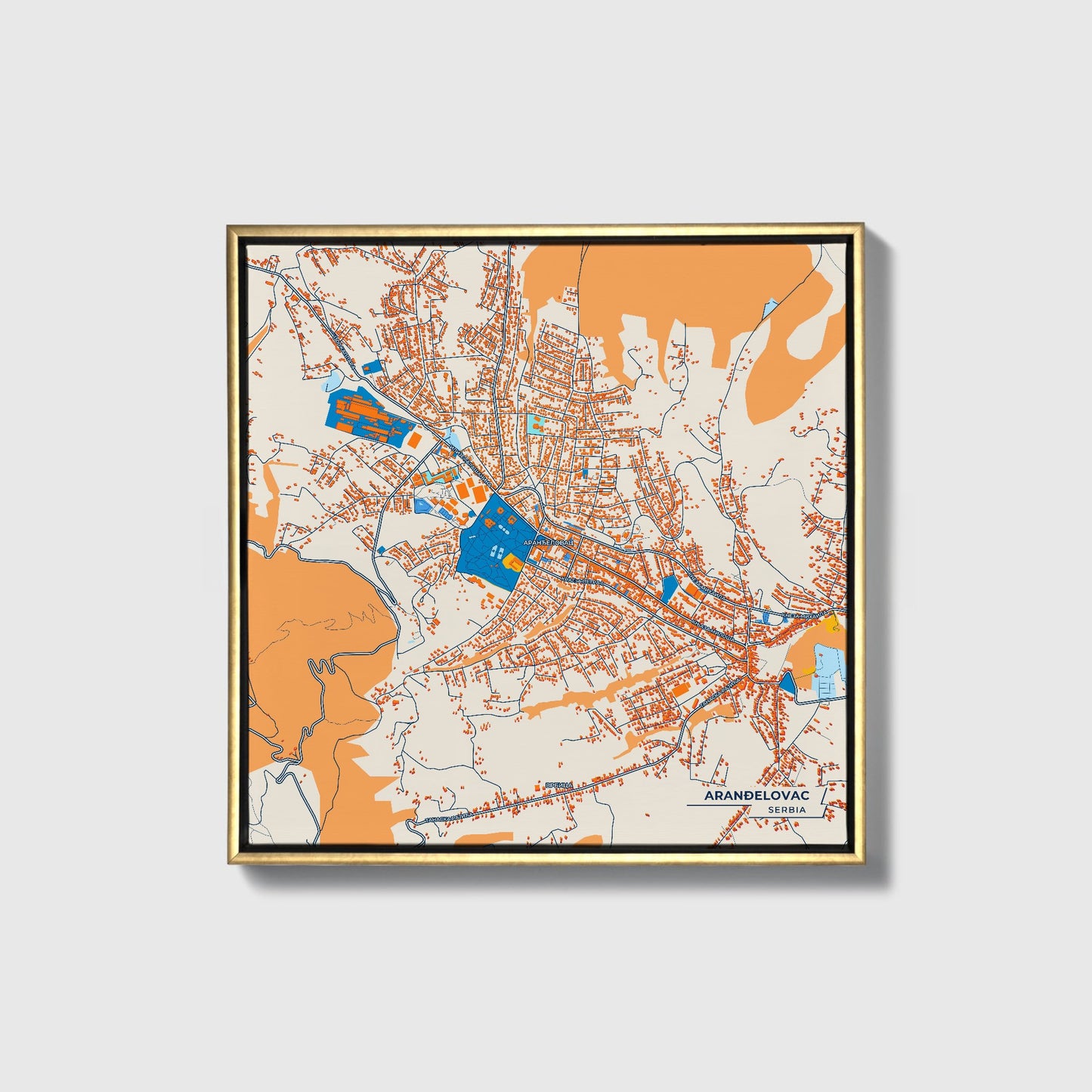 Аранђеловац Serbia Colorful City Map Canvas Print • Gold Framed