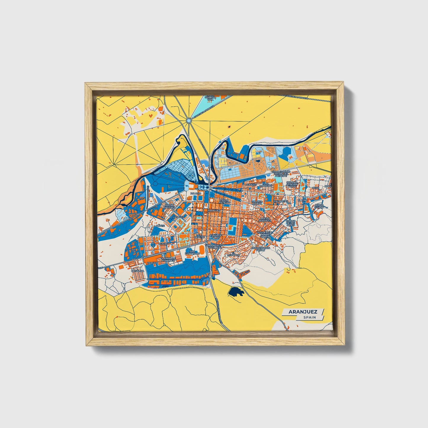 Aranjuez Spain Colorful City Map Canvas Print • Natural Wooden Framed