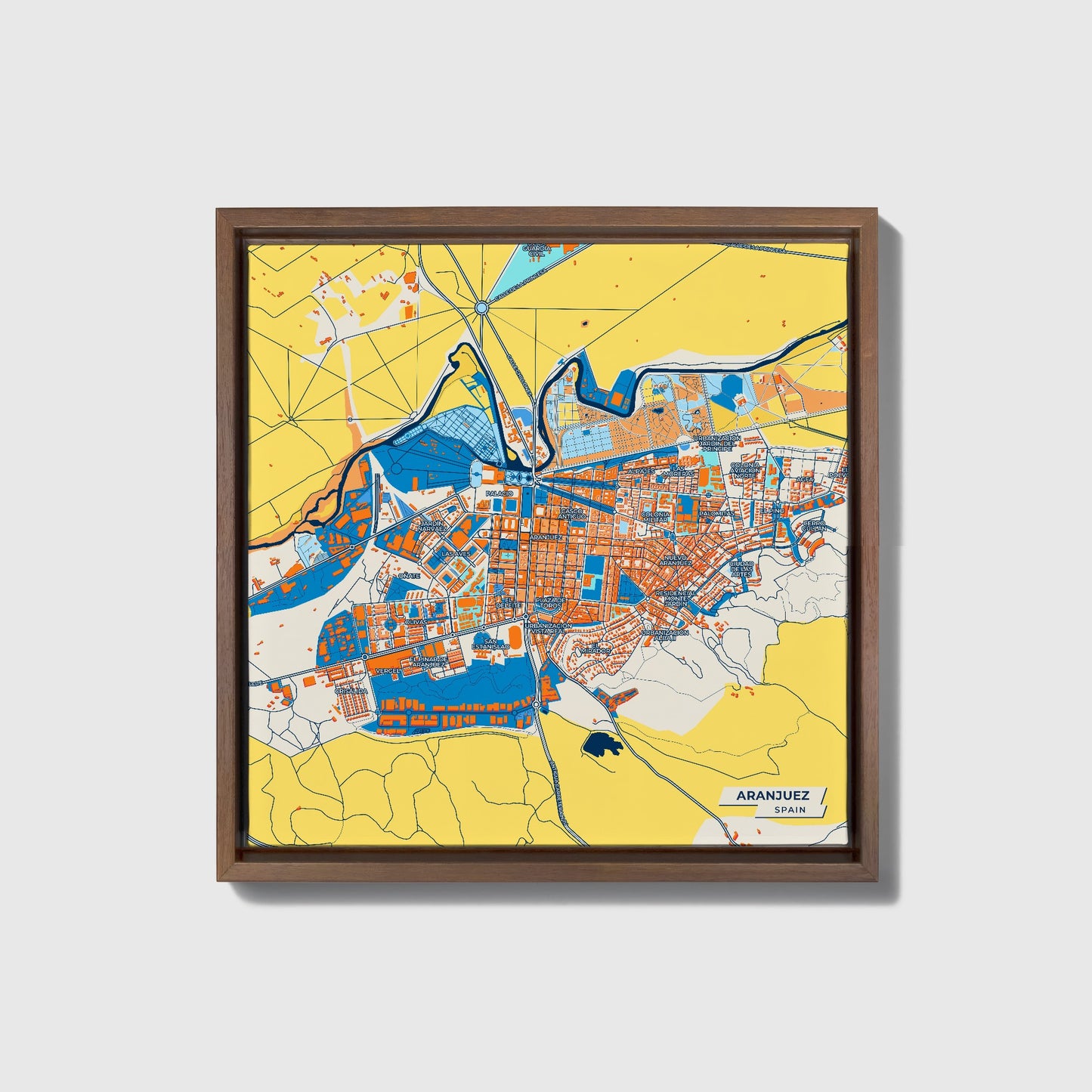 Aranjuez Spain Colorful City Map Canvas Print • Dark Wooden Framed