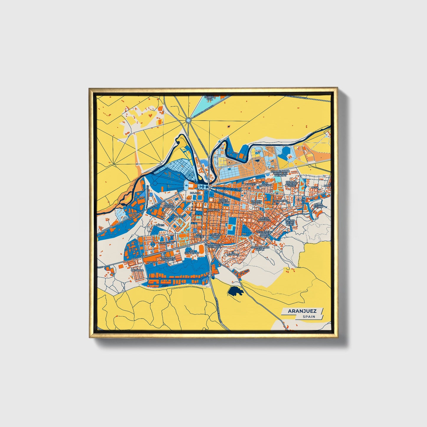 Aranjuez Spain Colorful City Map Canvas Print • Gold Framed