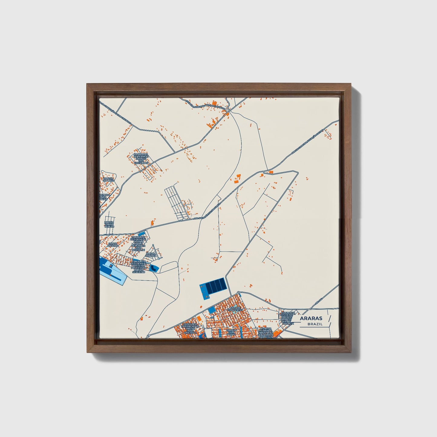 Araras Brazil Colorful City Map Canvas Print • Dark Wooden Framed