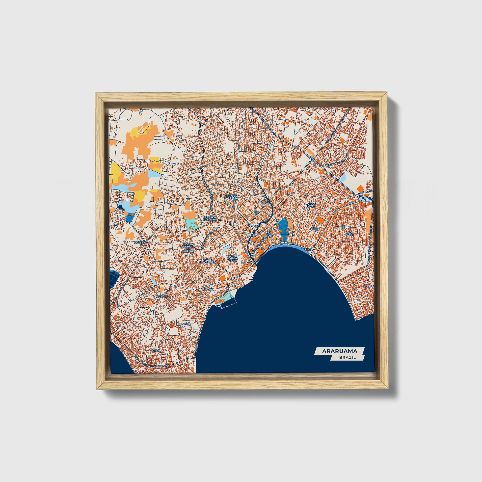Araruama Brazil Colorful City Map Canvas Print • Natural Wooden Framed