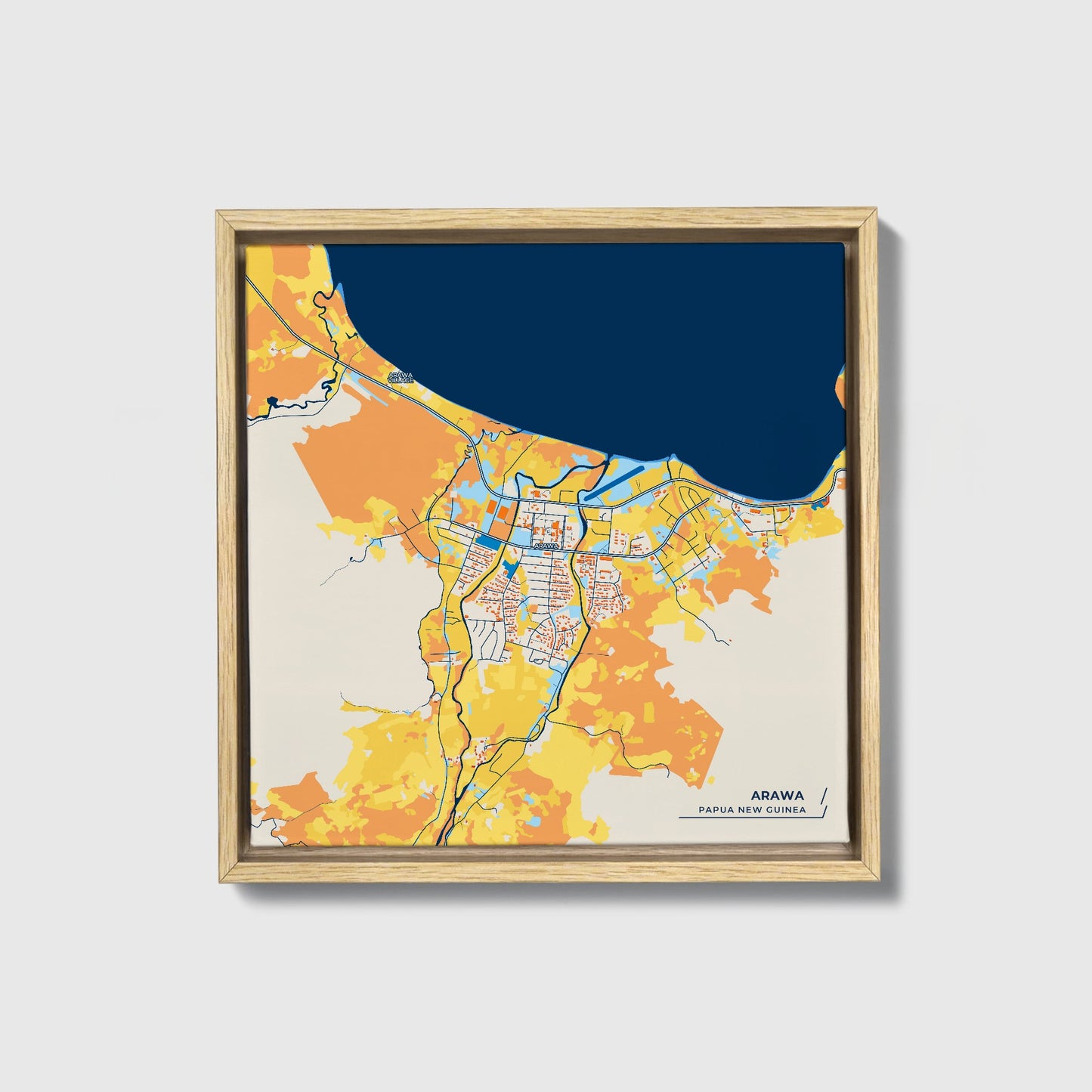 Arawa Papua New Guinea Colorful City Map Canvas Print • Natural Wooden Framed