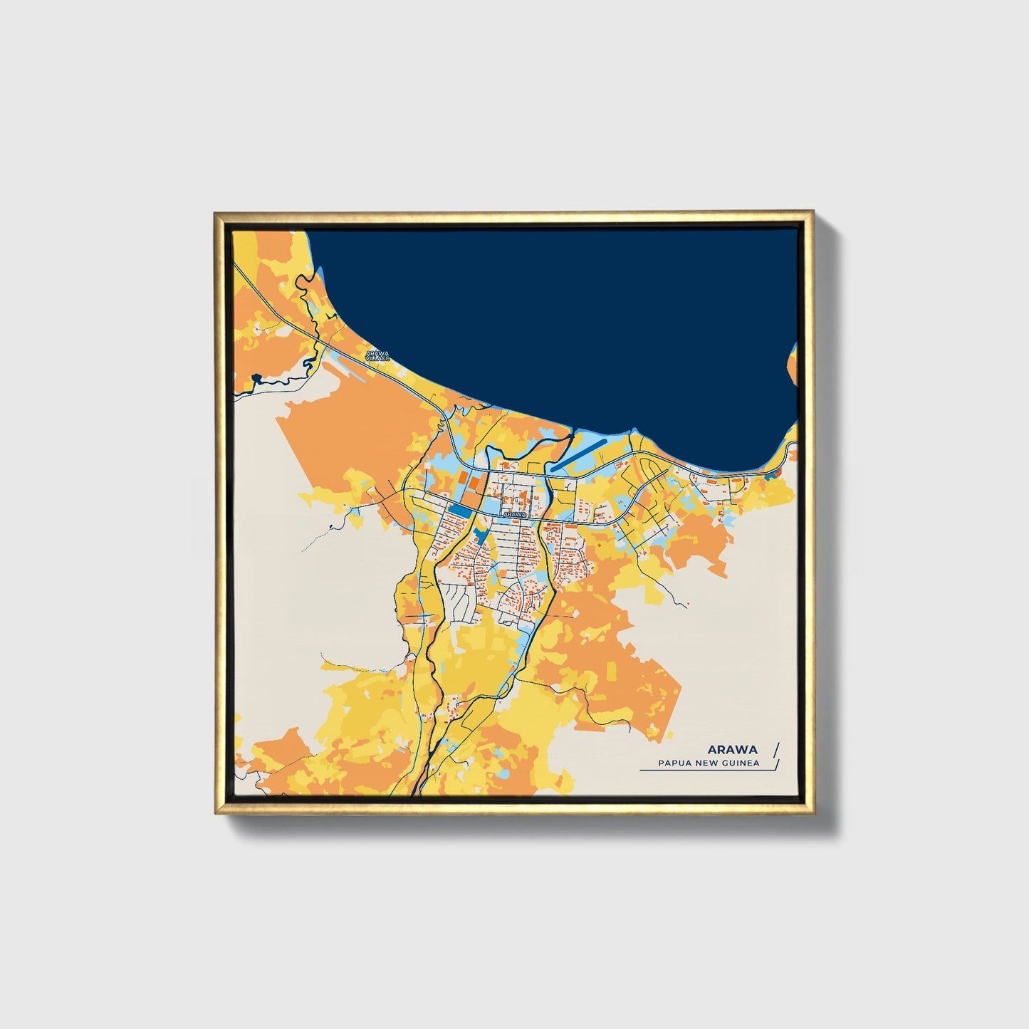 Arawa Papua New Guinea Colorful City Map Canvas Print • Gold Framed