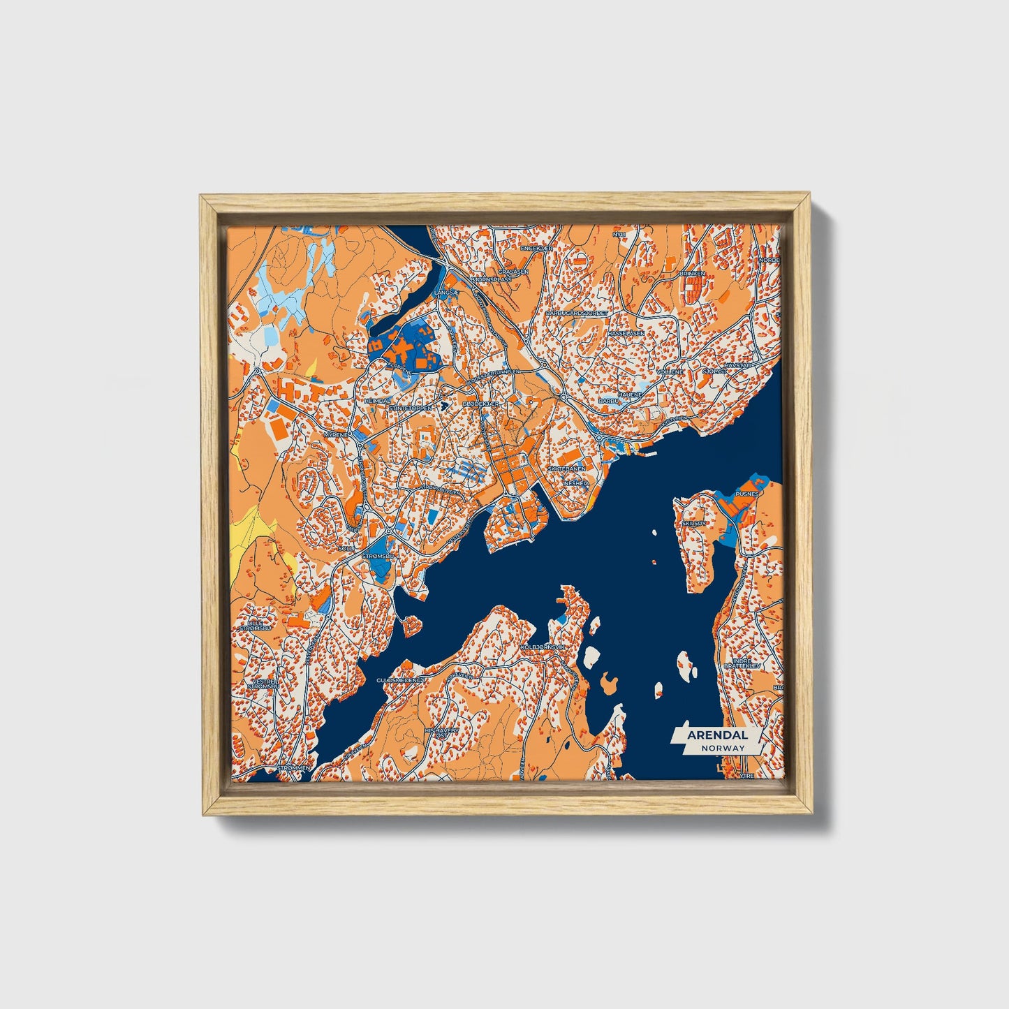 Arendal Norway Colorful City Map Canvas Print • Natural Wooden Framed