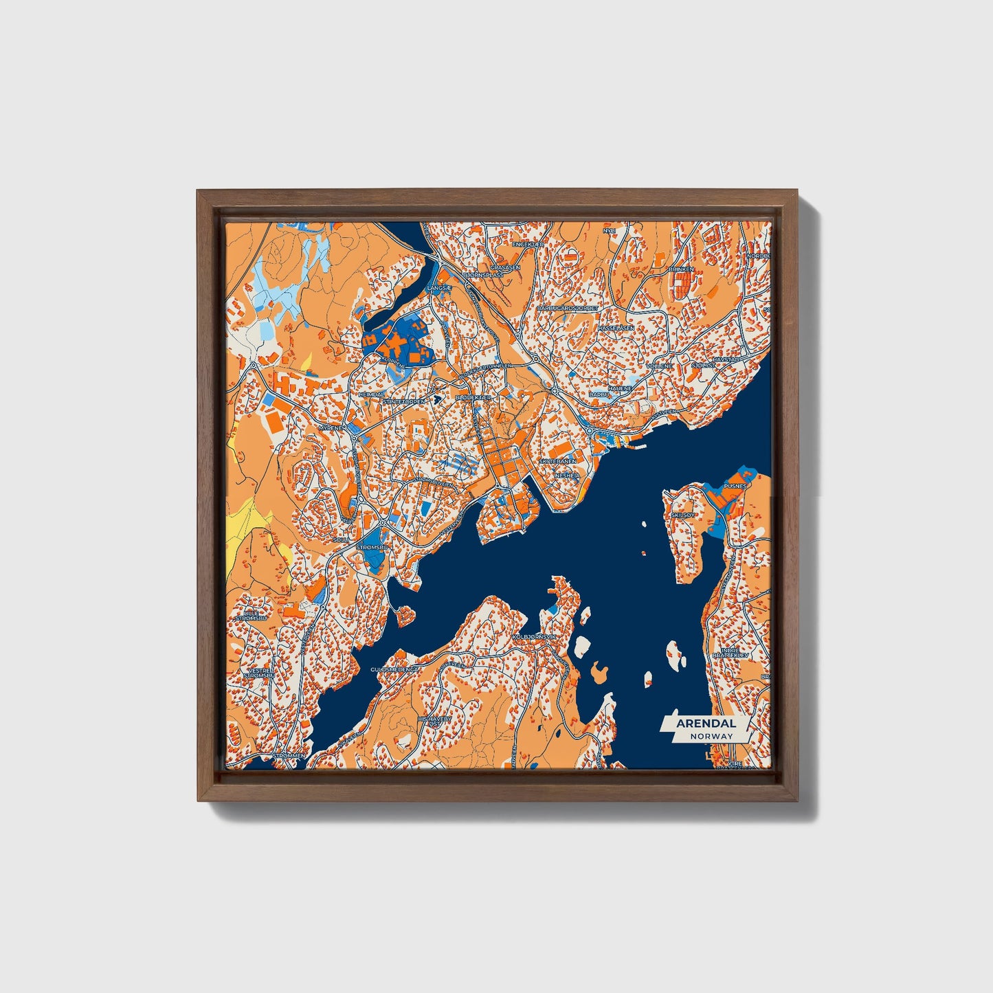 Arendal Norway Colorful City Map Canvas Print • Dark Wooden Framed