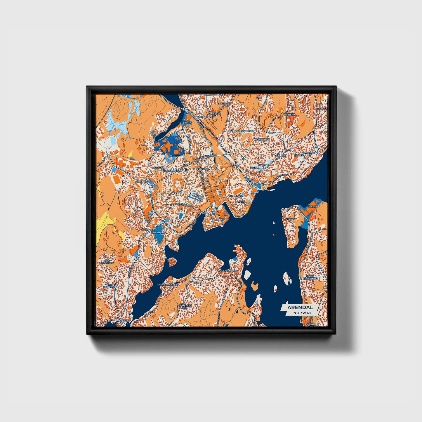 Arendal Norway Colorful City Map Canvas Print • Black Framed