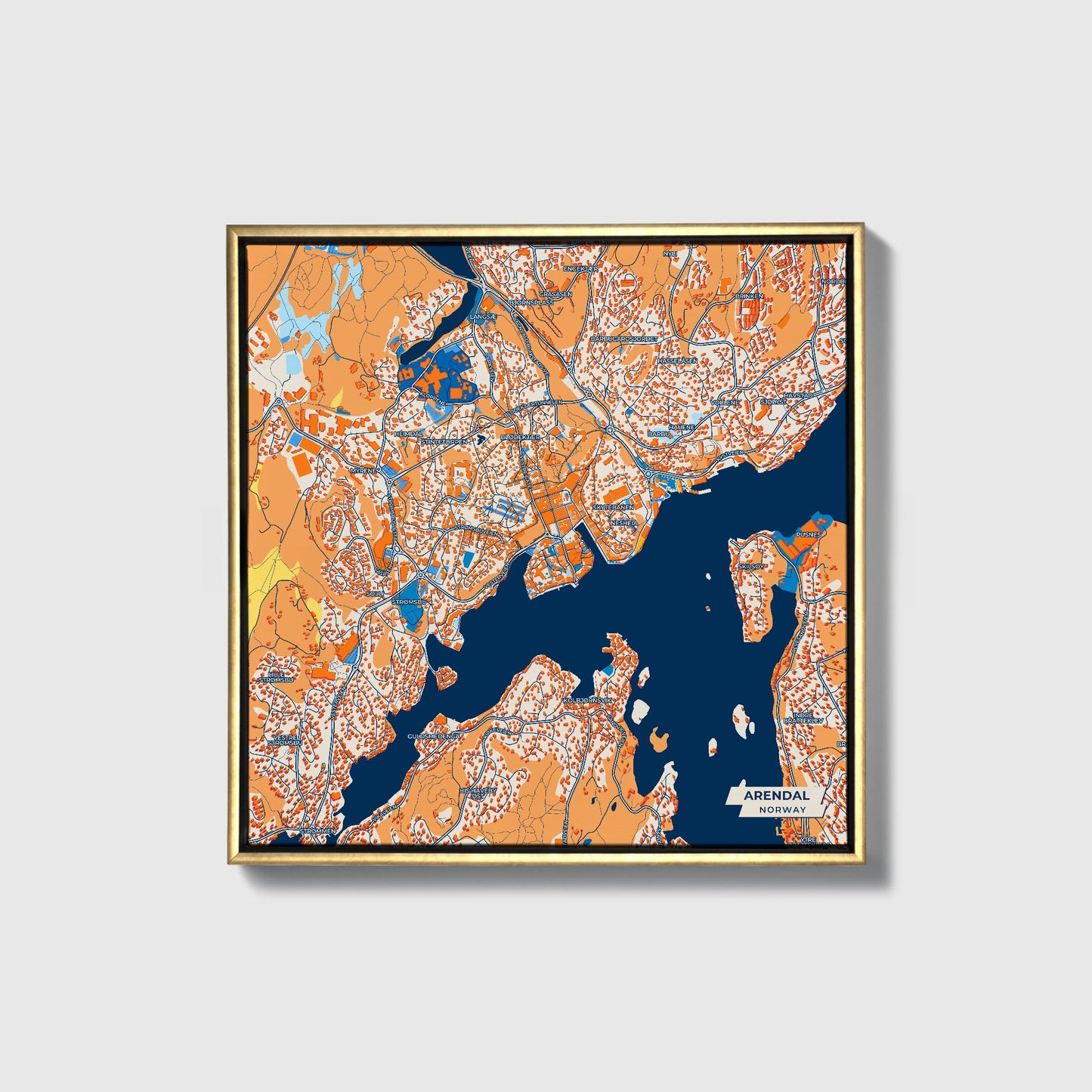 Arendal Norway Colorful City Map Canvas Print • Gold Framed